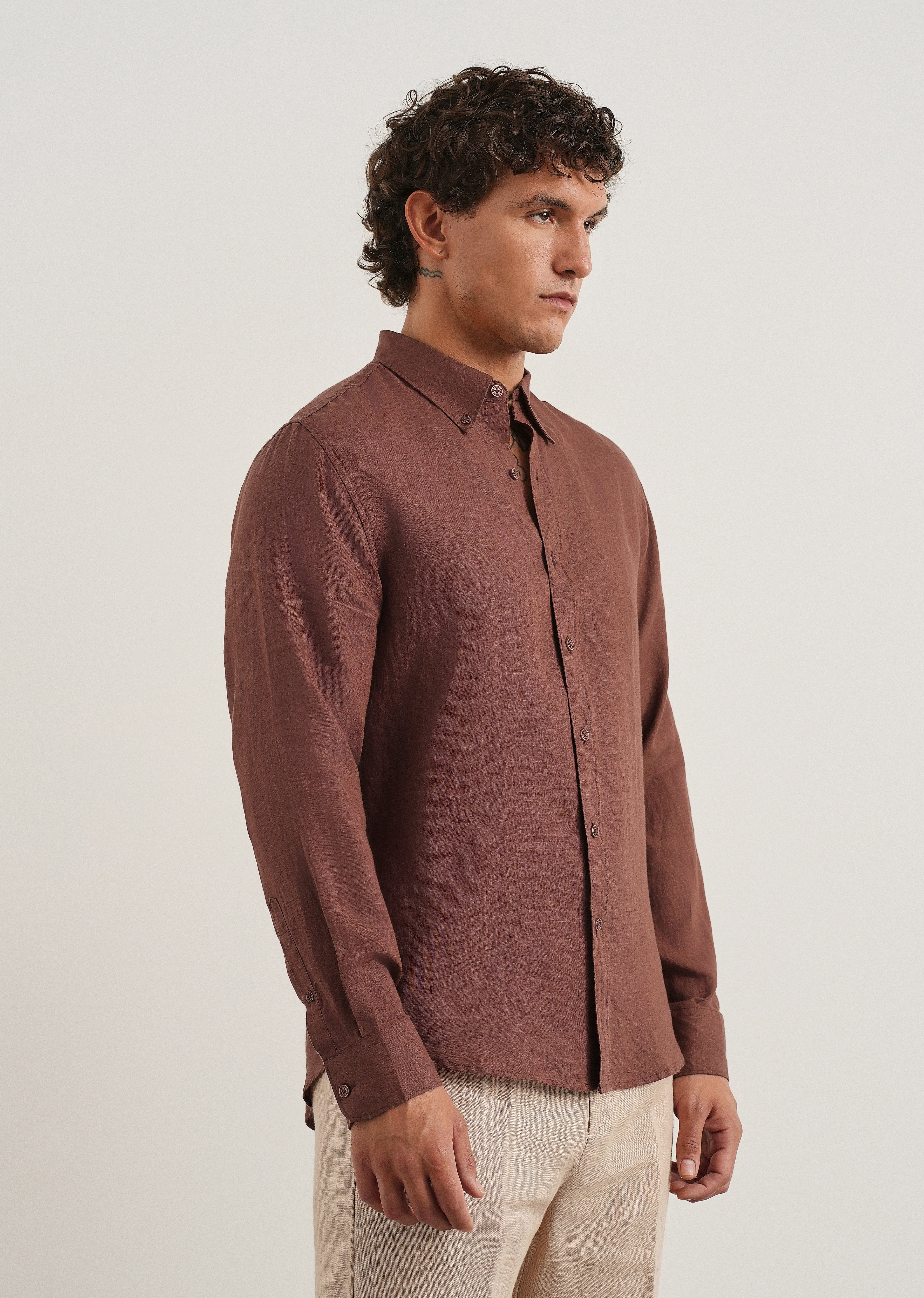 100% Pure Linen Umber Brown Regular Fit Shirt - Image 4
