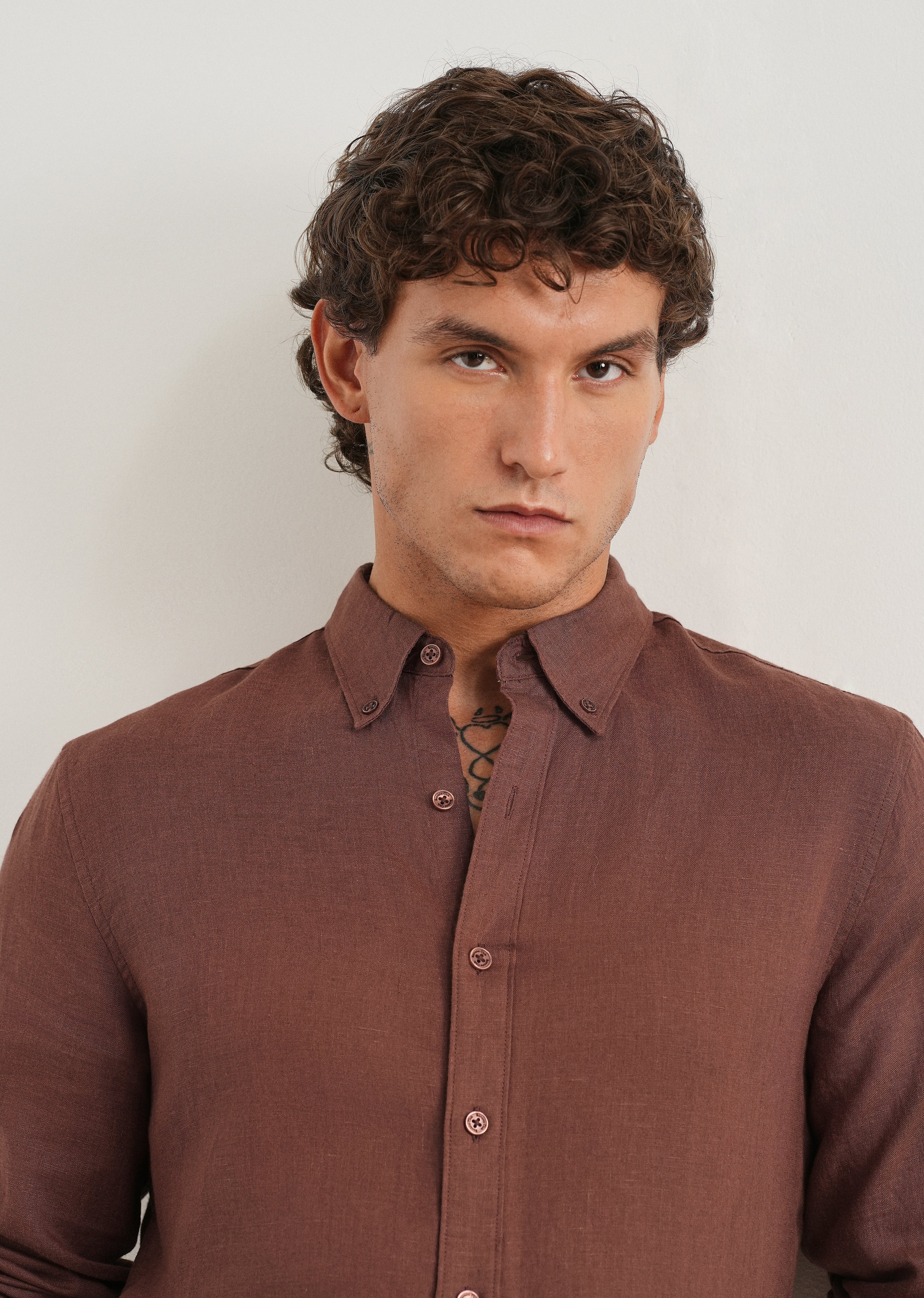 100% Pure Linen Umber Brown Regular Fit Shirt - Image 5