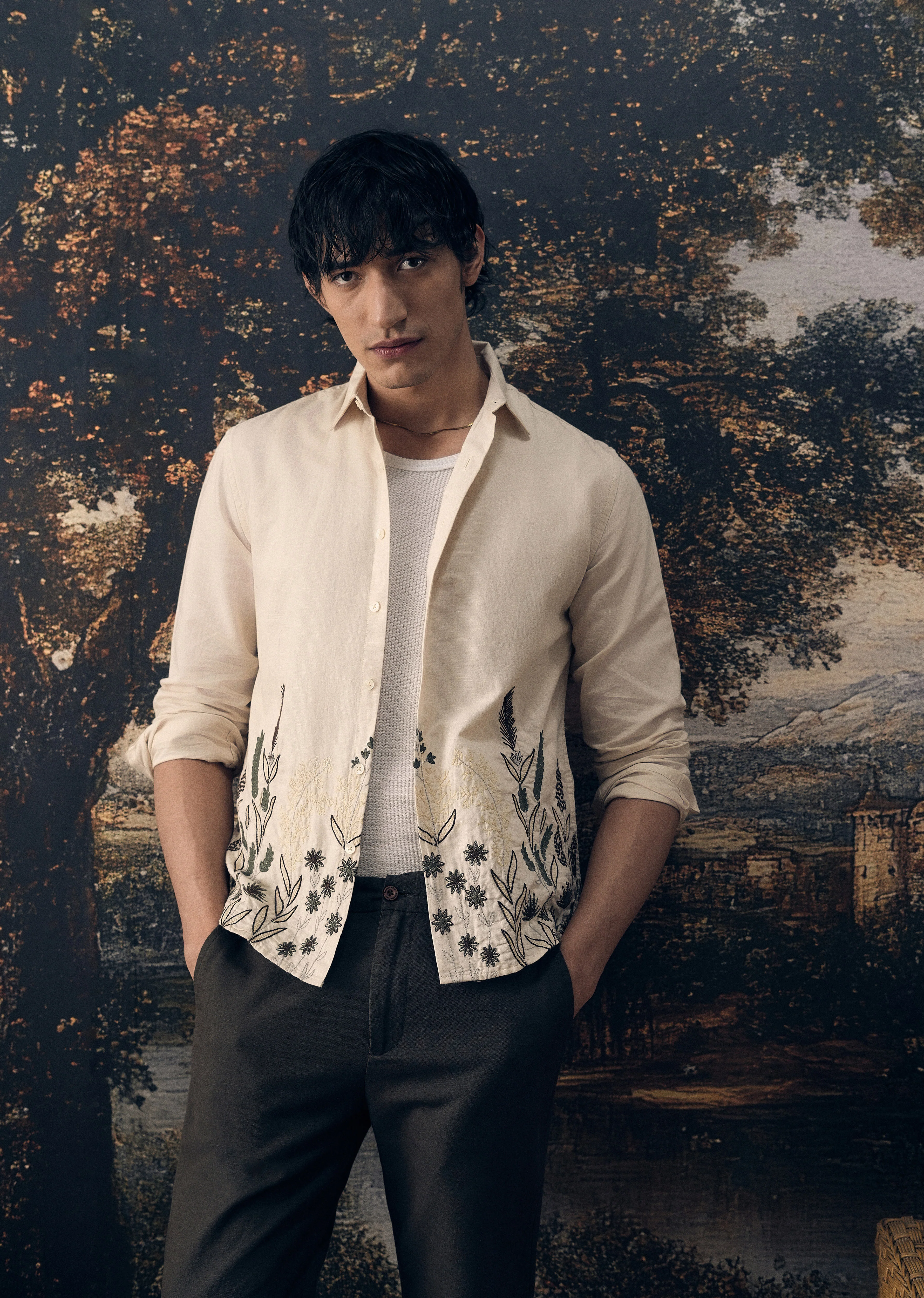 Beige Hem Embroidery Cotton Linen Shirt