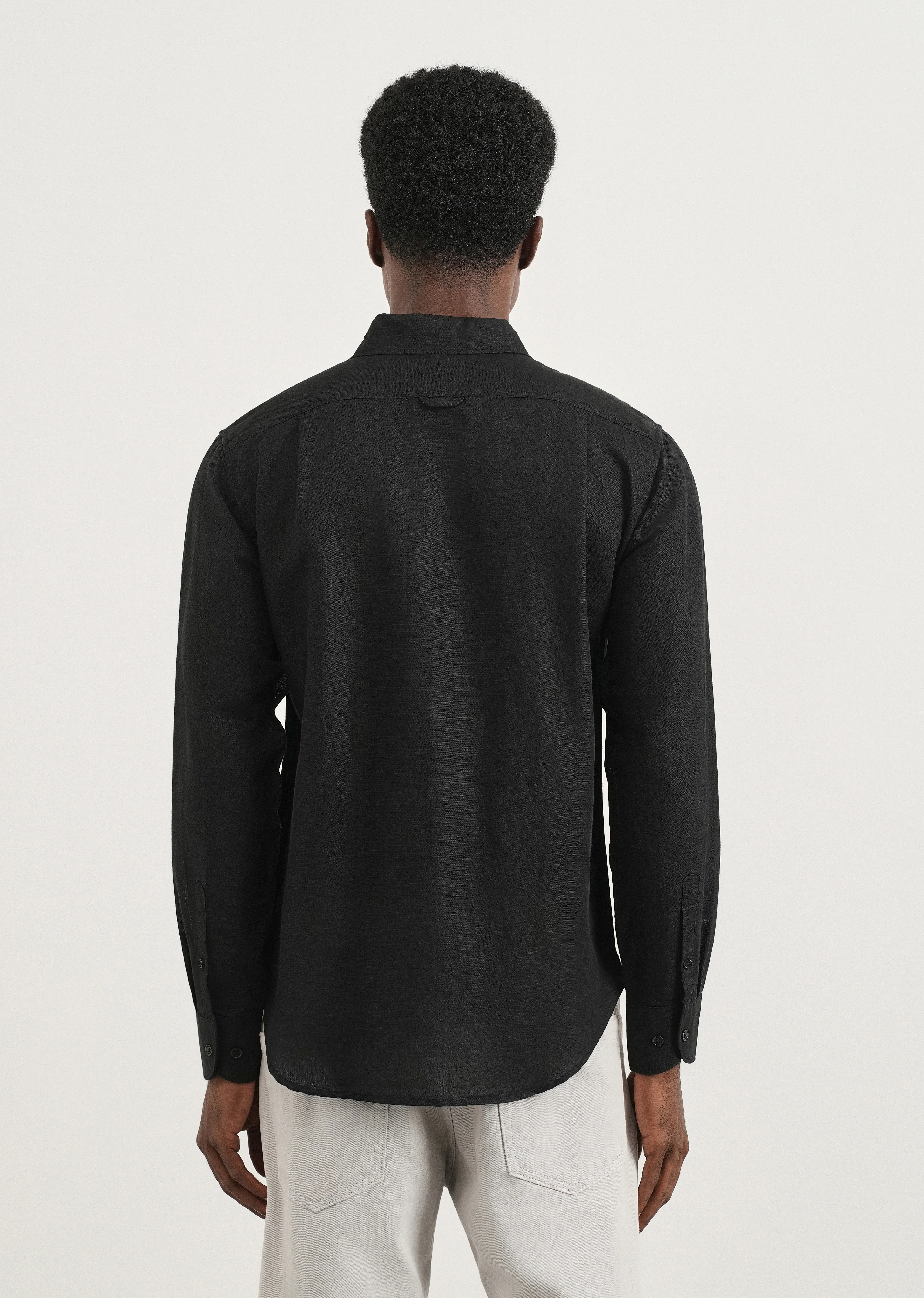 Black Plain Cotton Linen Shirt - Image 2