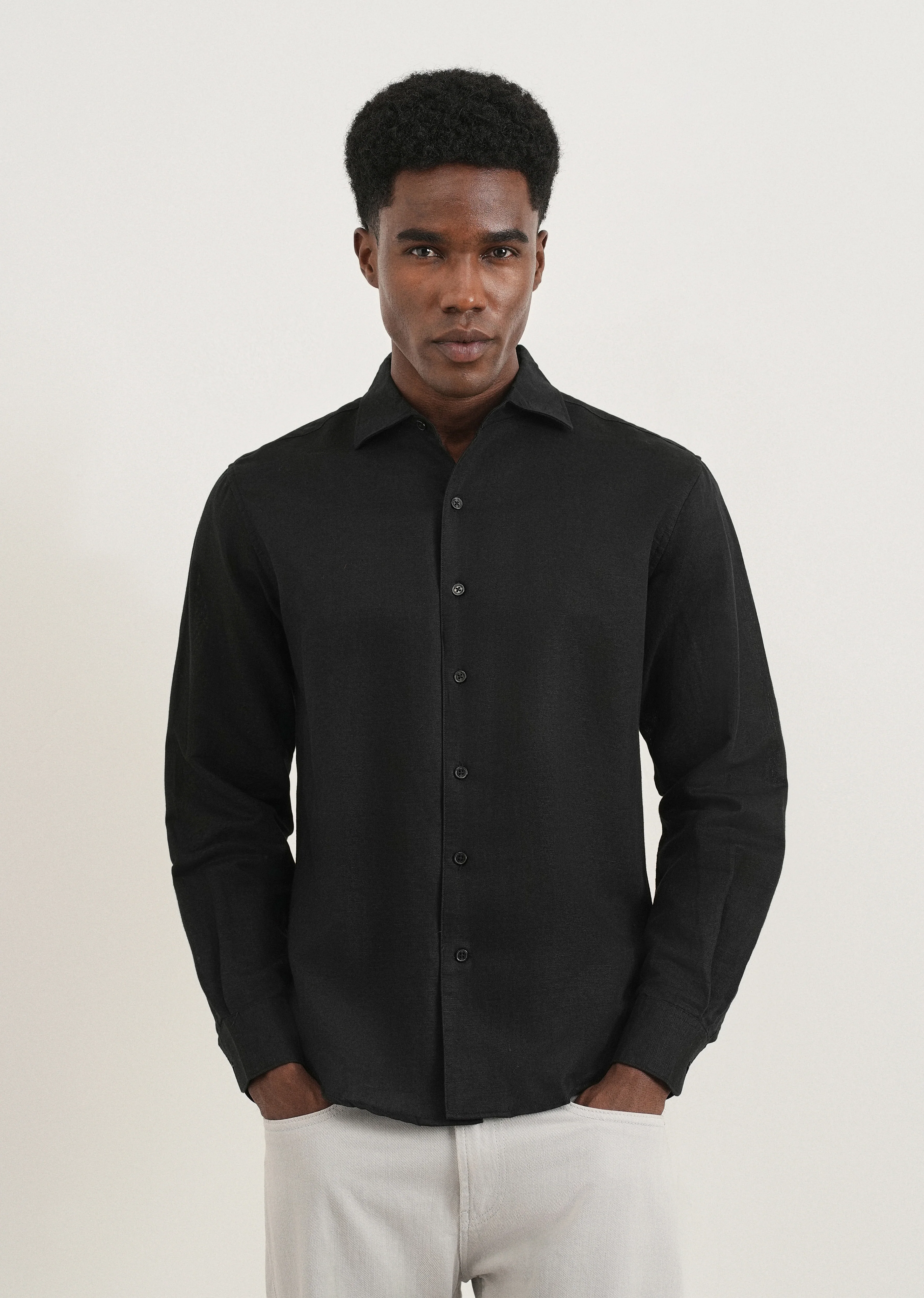 Black Plain Cotton Linen Shirt - Image 3