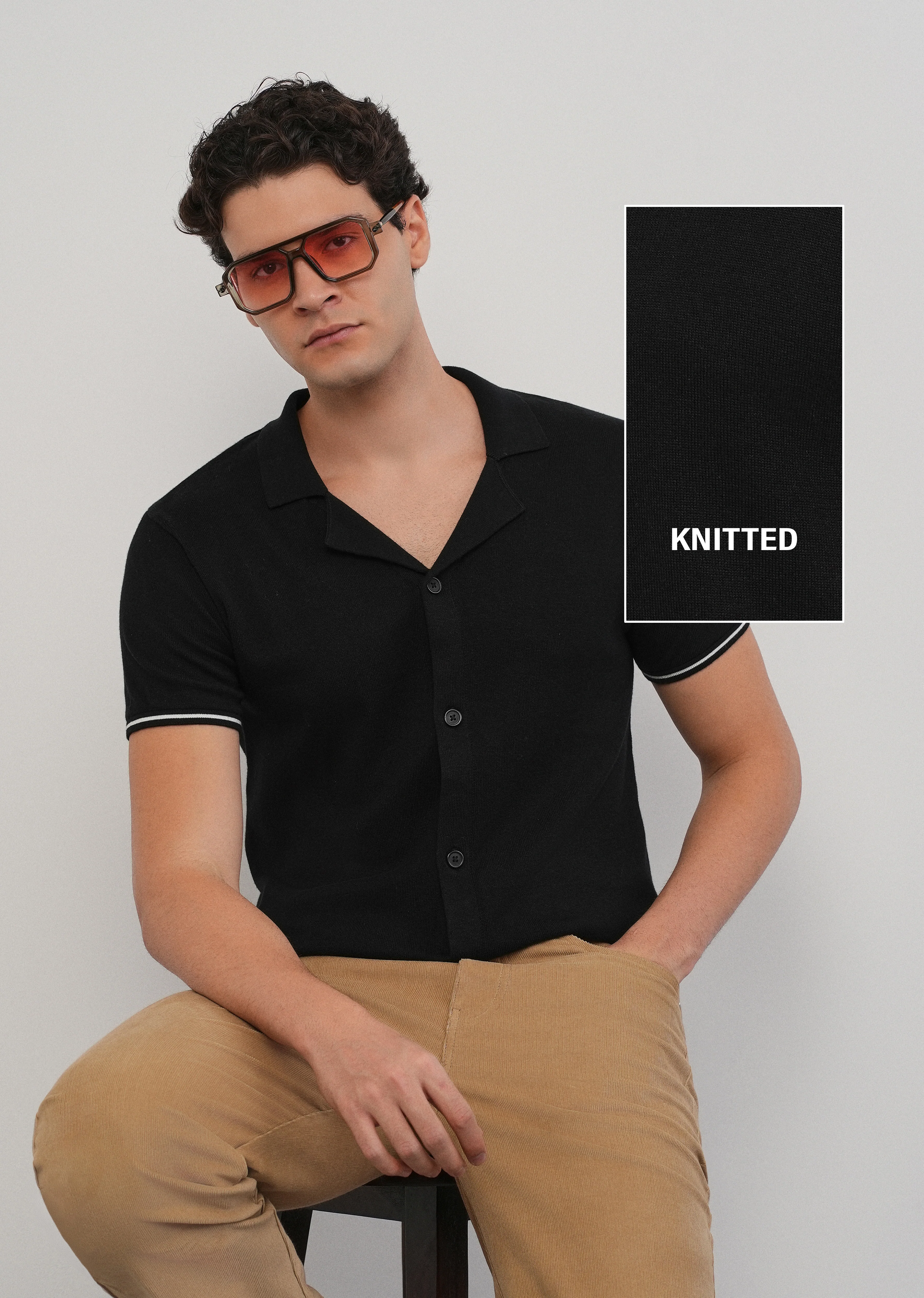 Black Plain Knit Cuban Collar Shirt