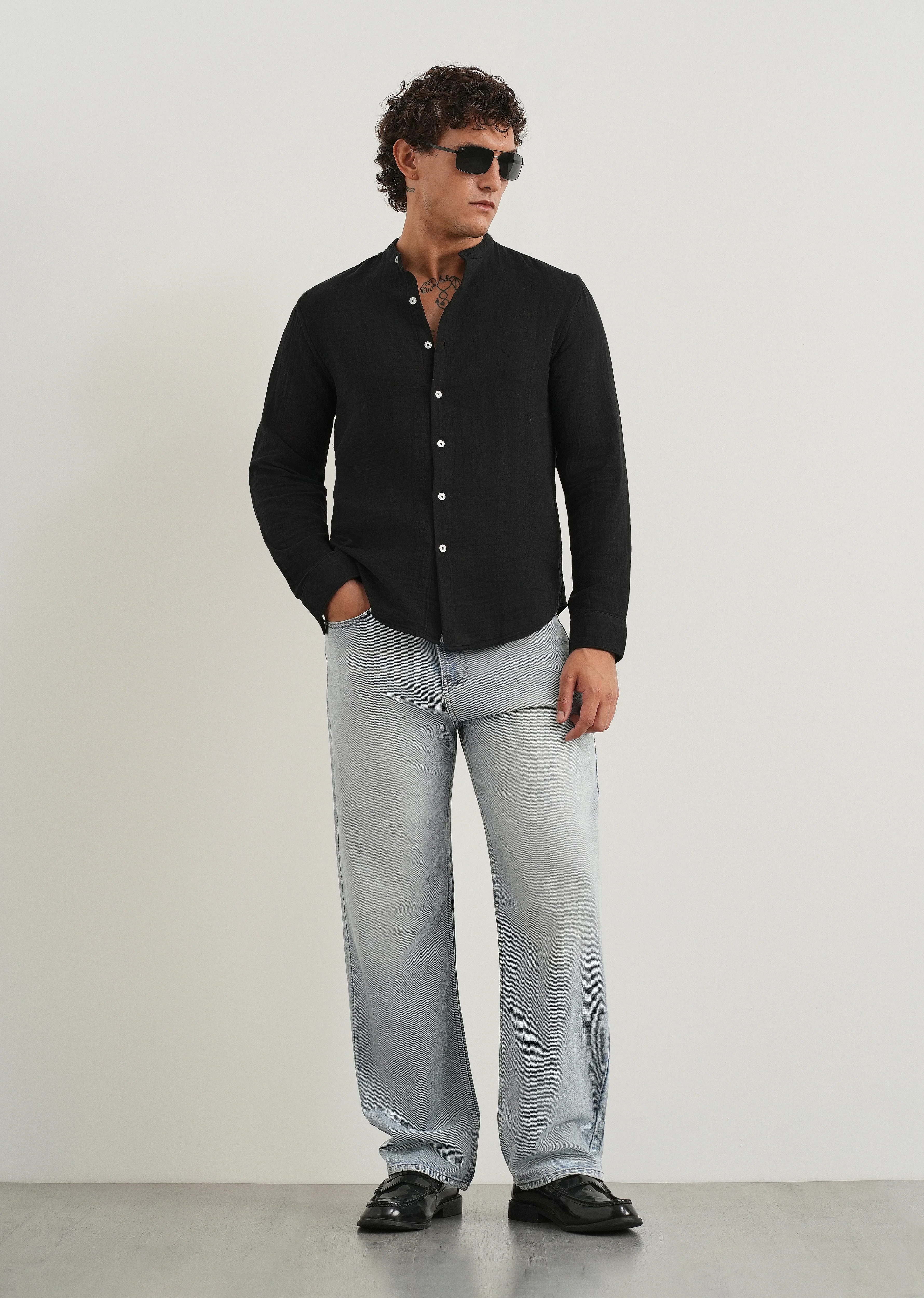 Black Plain Mandarin Collar Cotton Shirt - Image 6