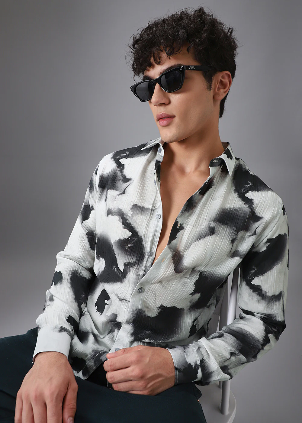 Black Wash Crushed Printed Shirt