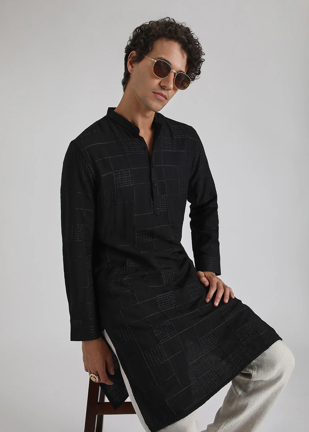 Coal Black Self Thread Embroidered Kurta