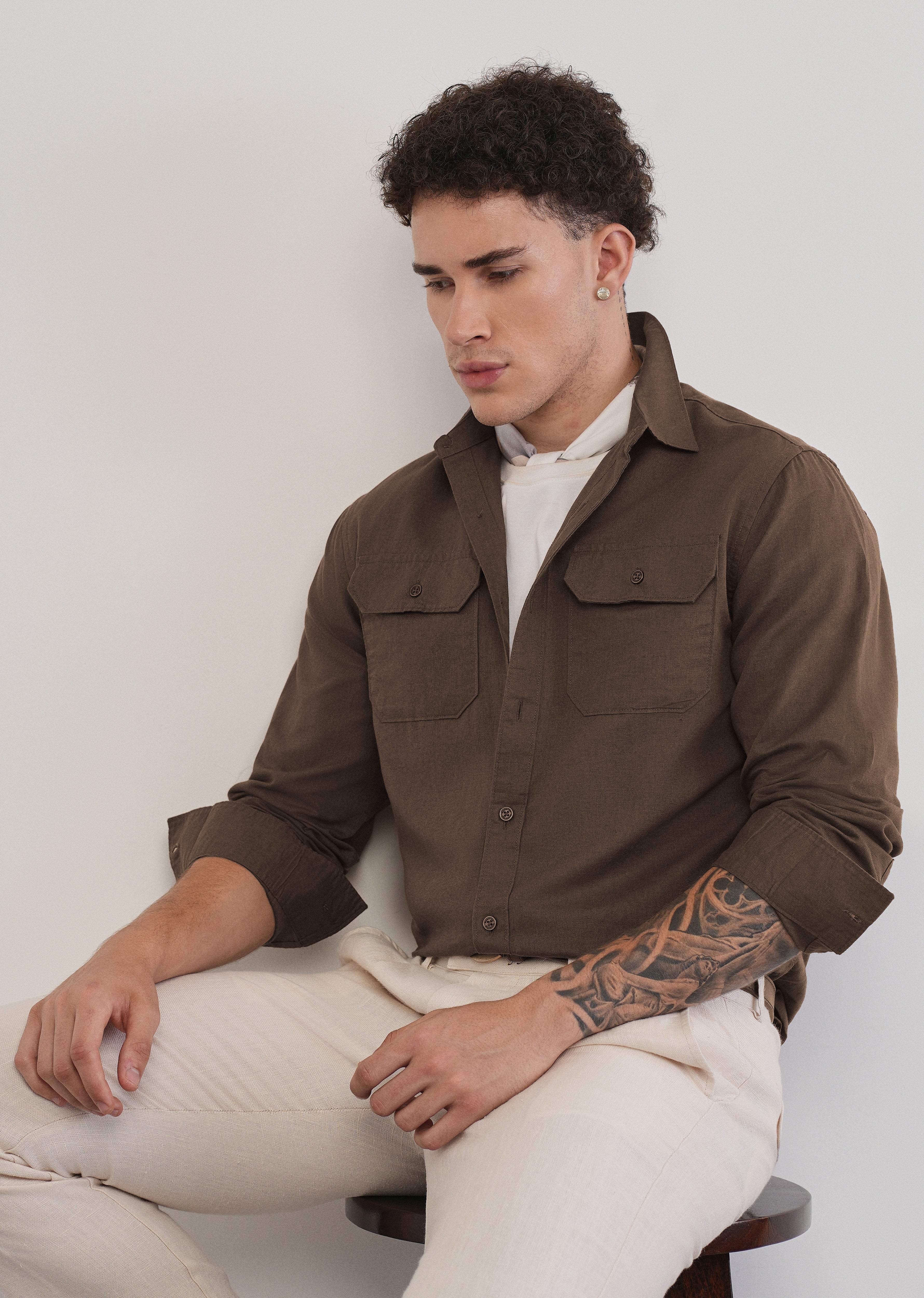 Coffee Brown Cotton Linen Flap Pocket Shirt - Image 7