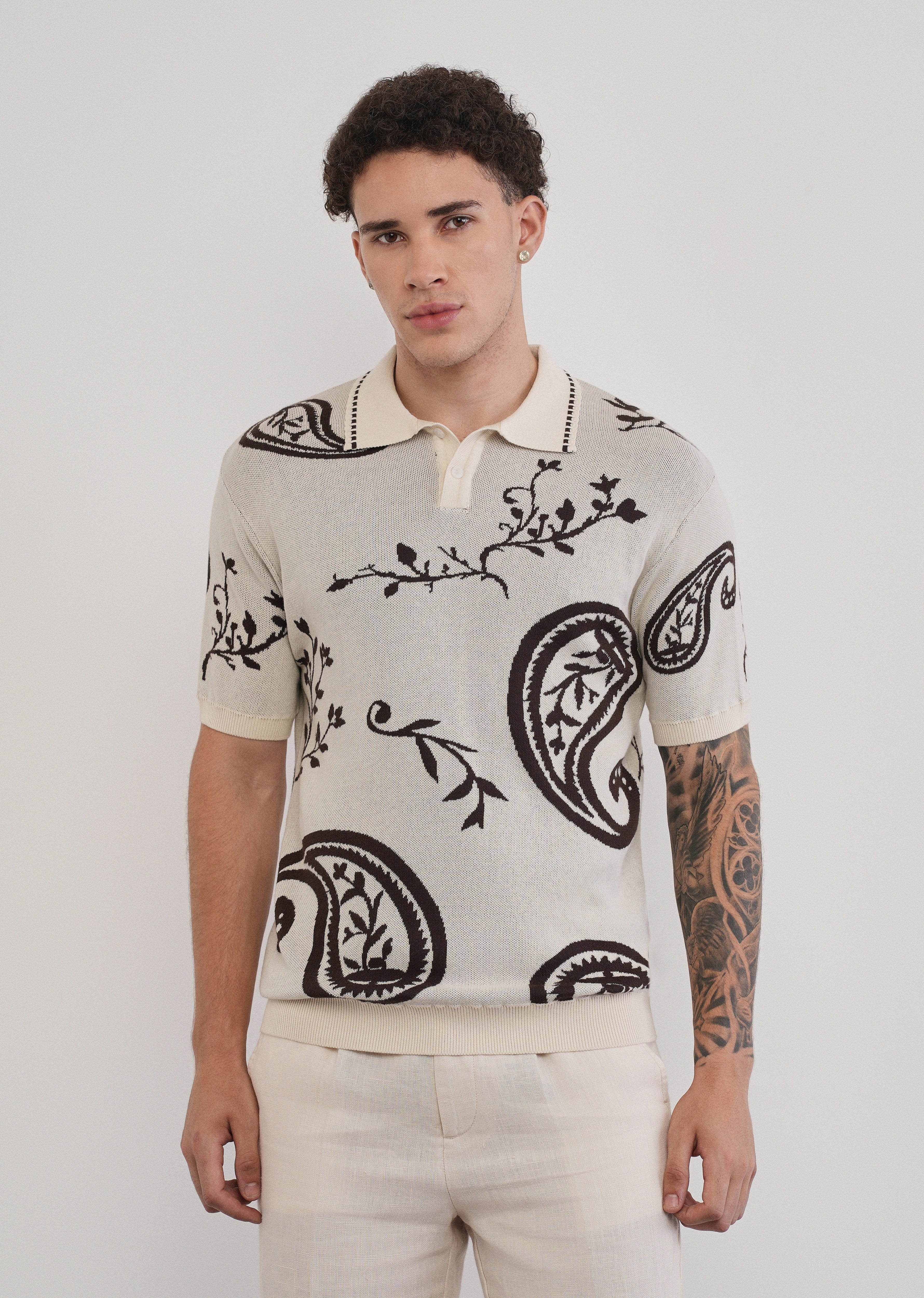 Cotton Brown Paisley Knitted Polo - Image 3