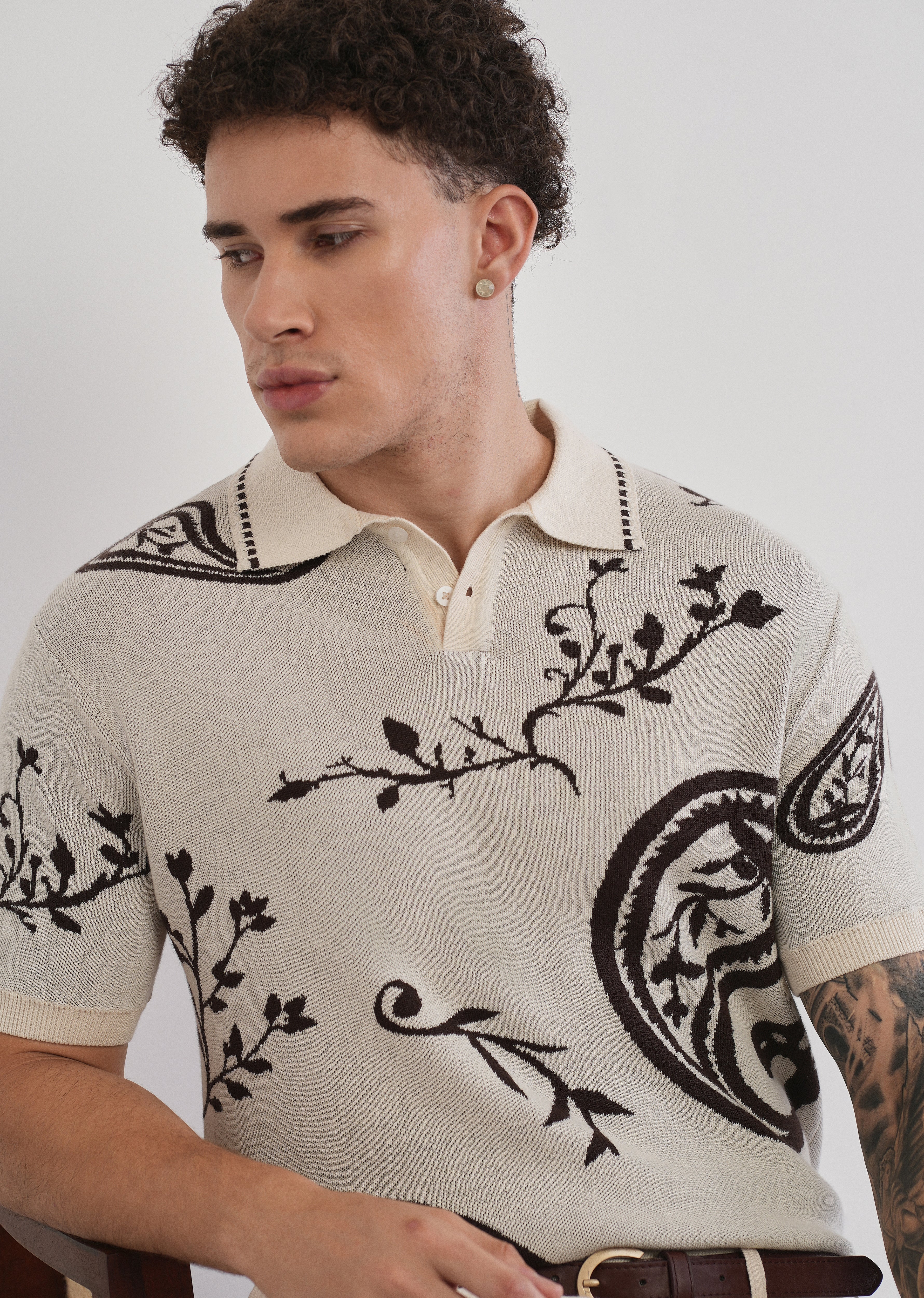 Cotton Brown Paisley Knitted Polo - Image 5