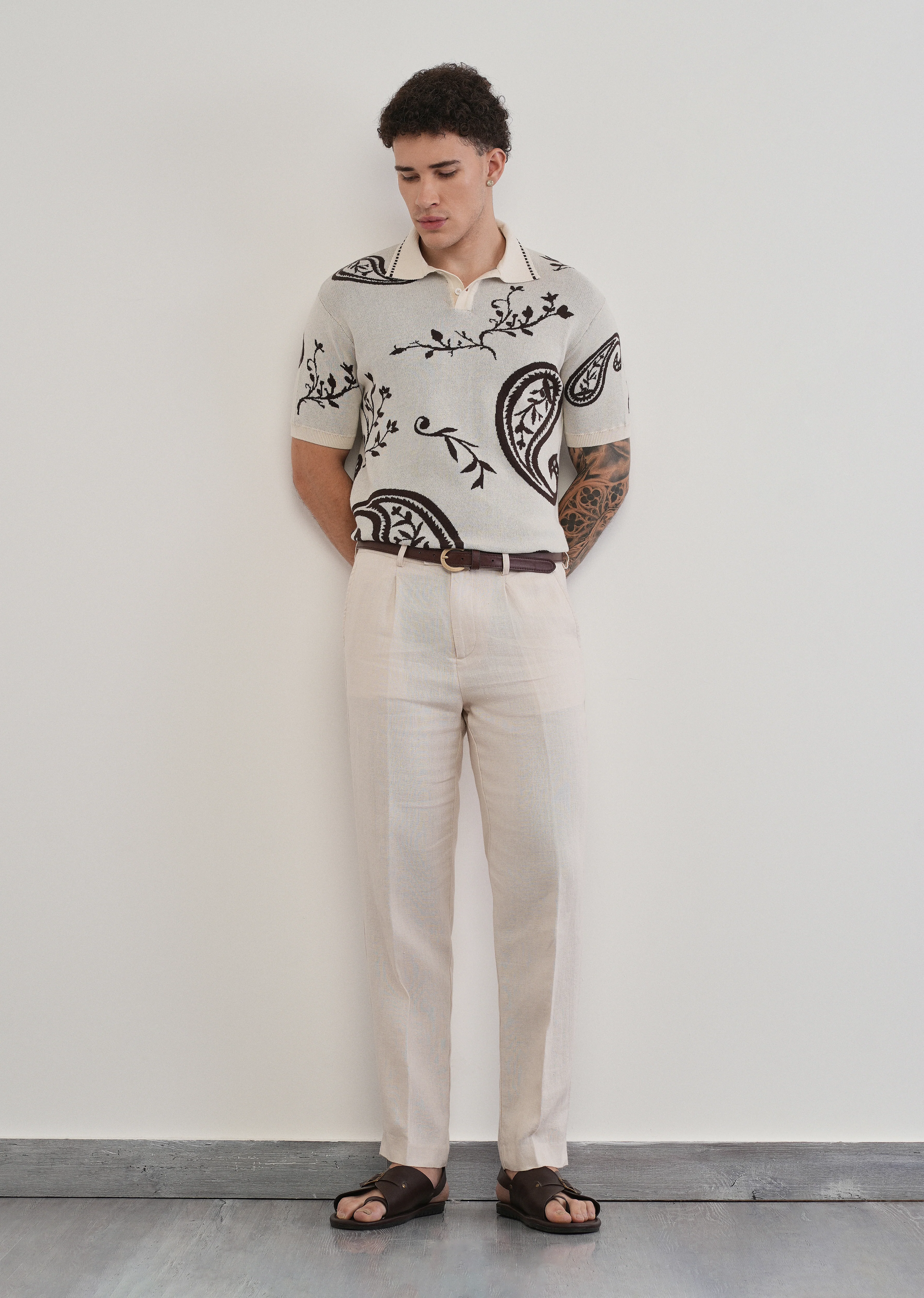Cotton Brown Paisley Knitted Polo - Image 6