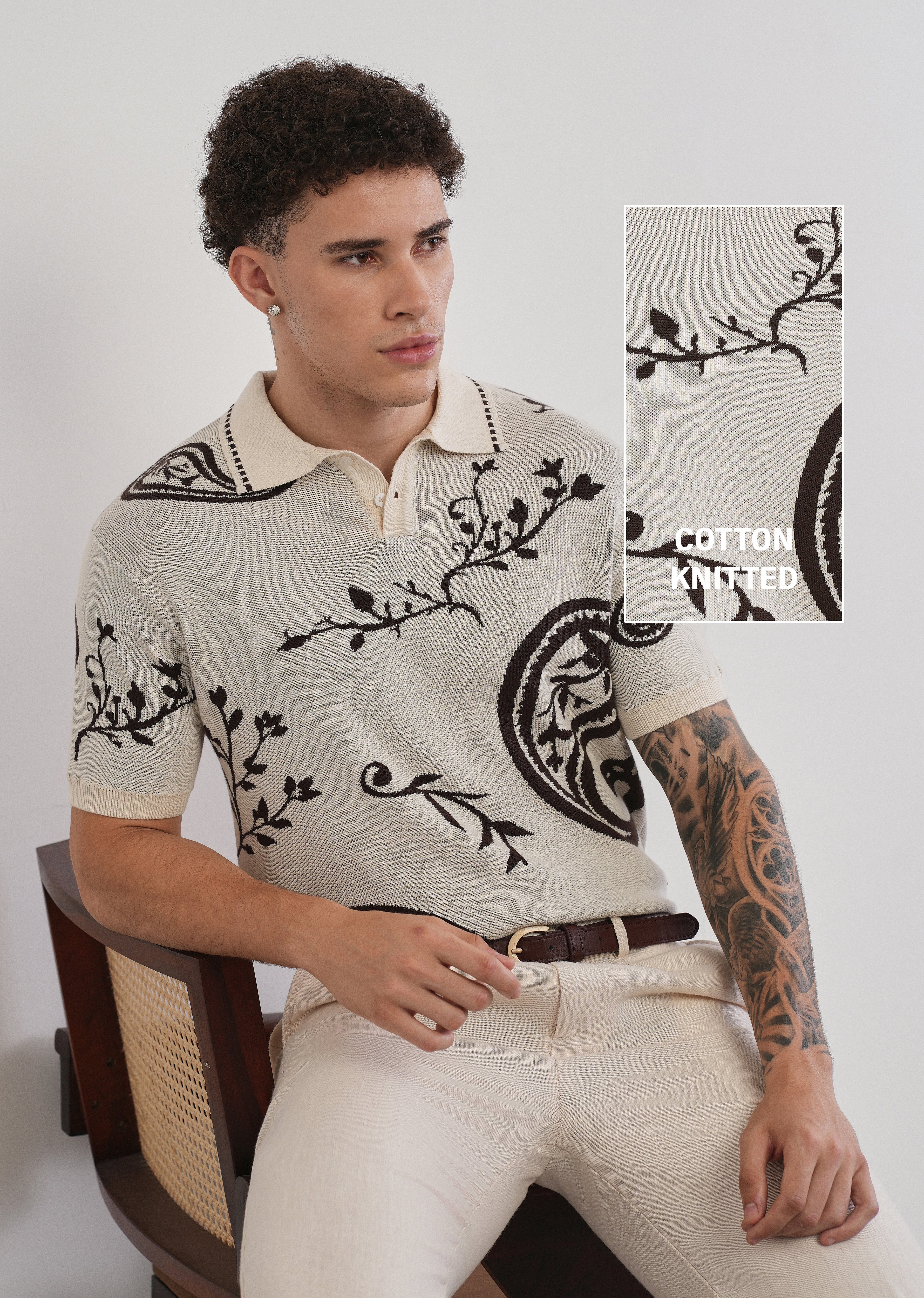 Cotton Brown Paisley Knitted Polo - Image 7