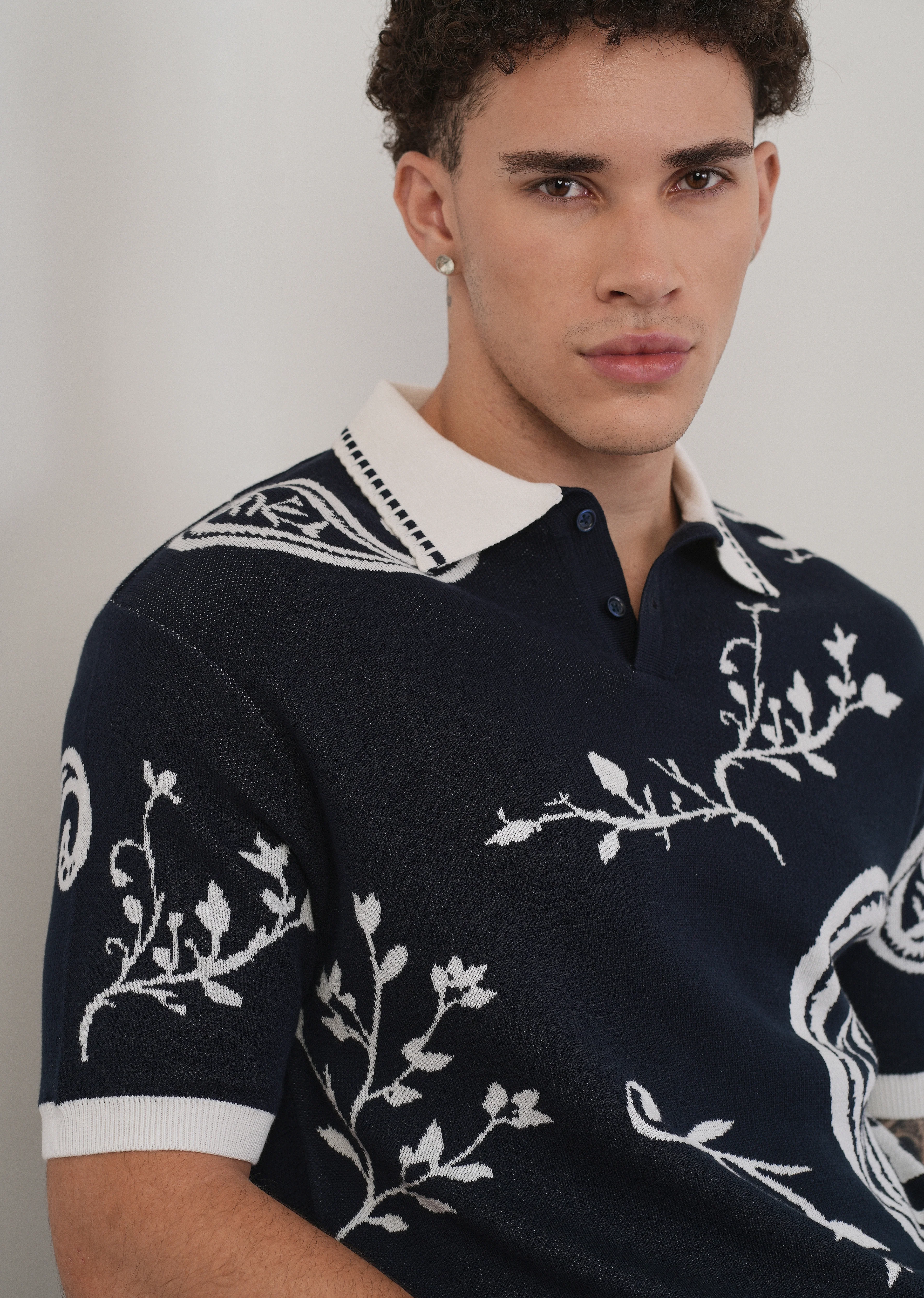 Cotton Navy Paisley Knitted Polo - Image 5