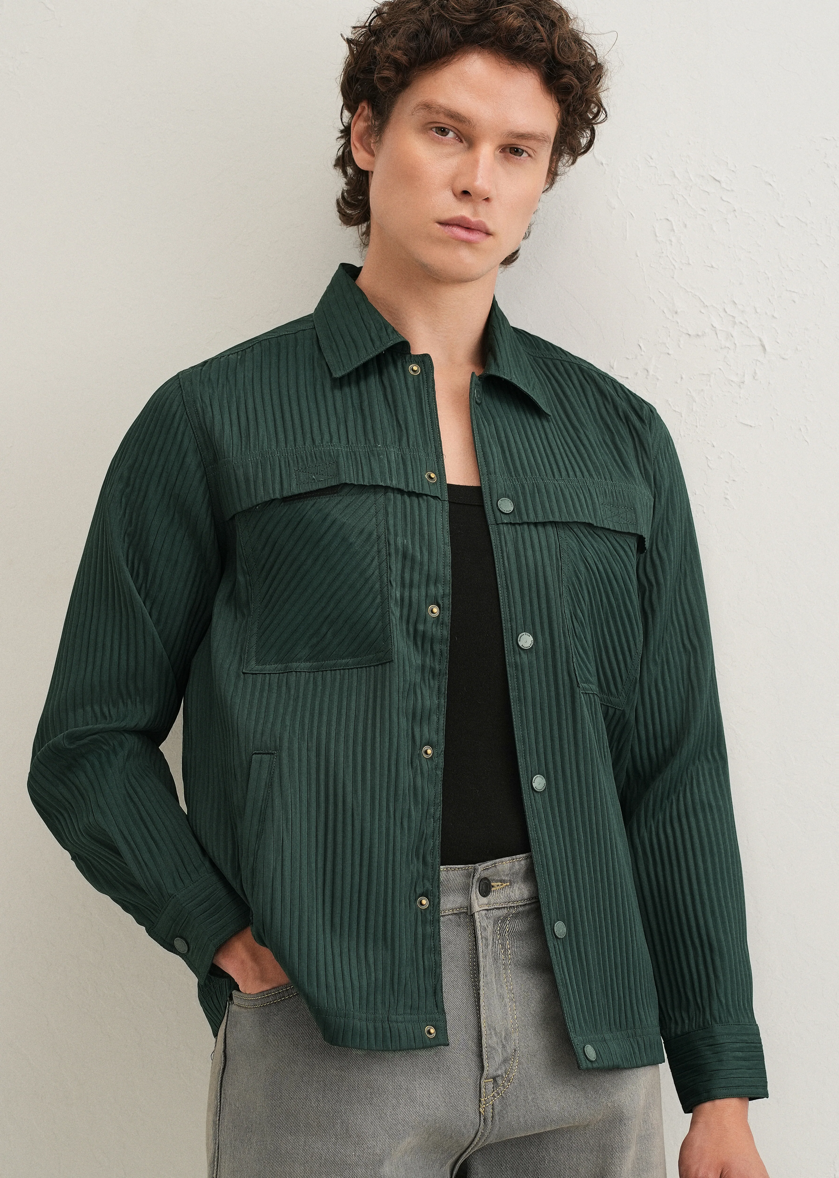 Dark Green Textured Utility Shacket