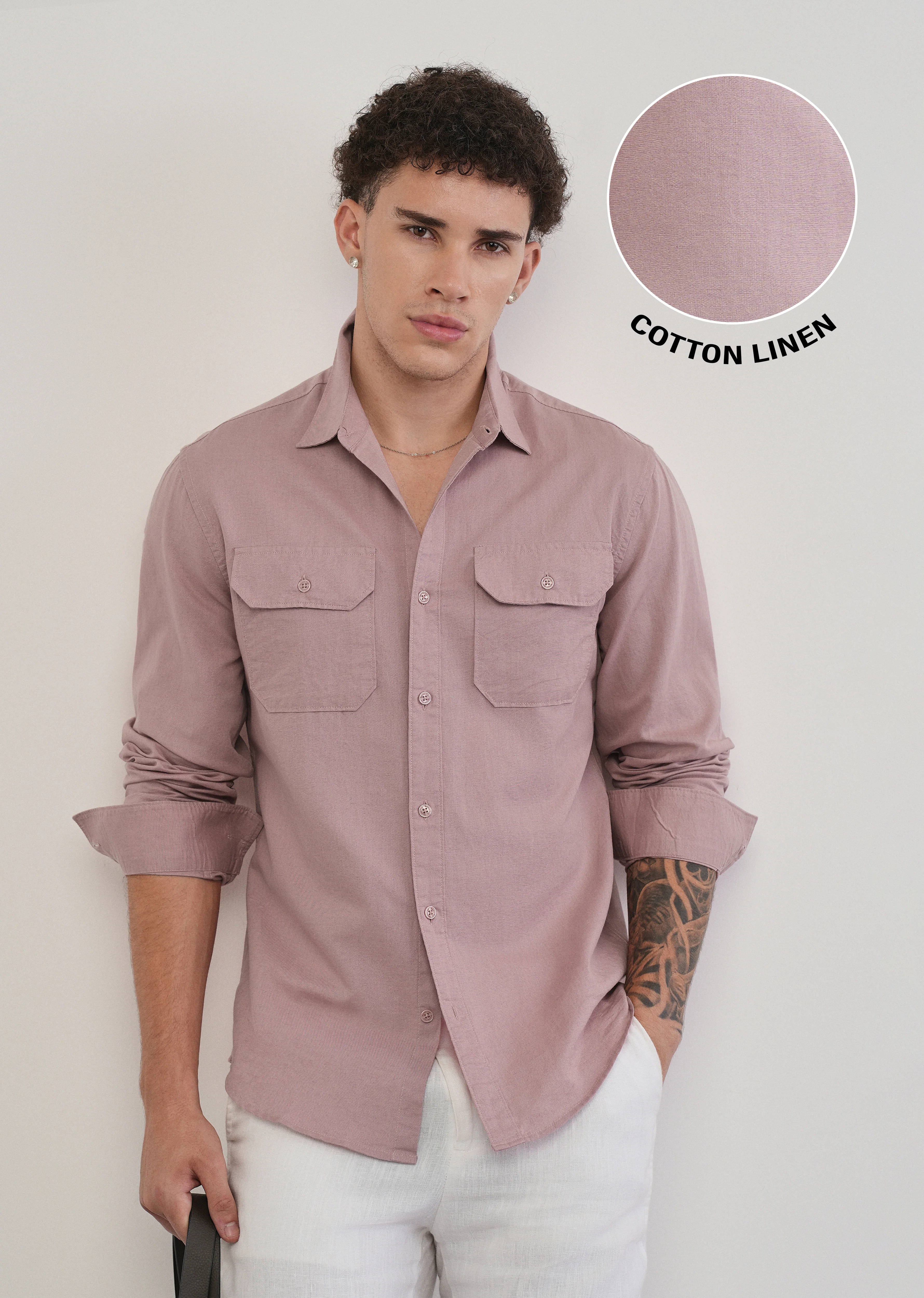 Dusty Rose Cotton Linen Flap Pocket Shirt - Image 7
