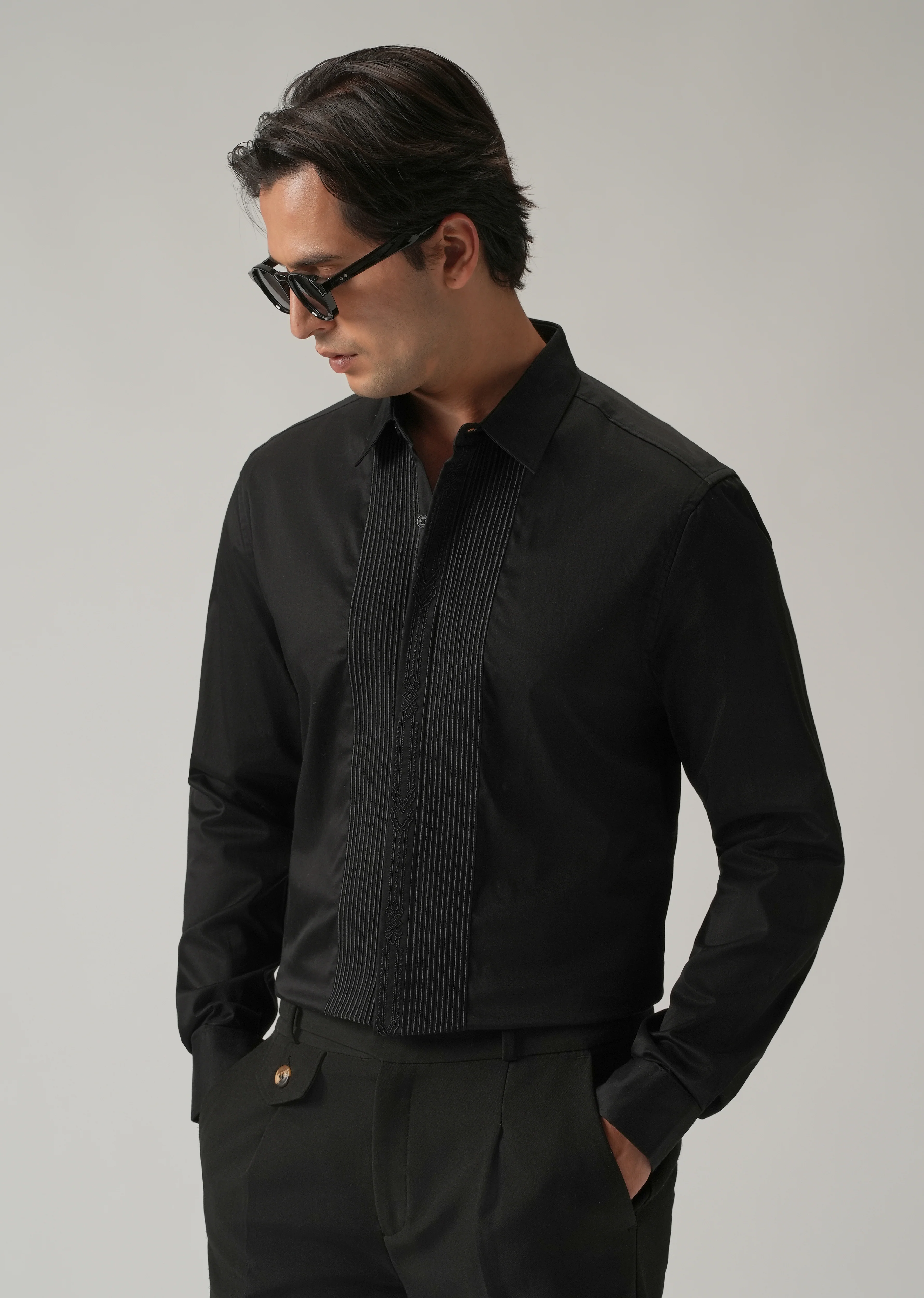 Embroidered Panel Black Designer Shirt