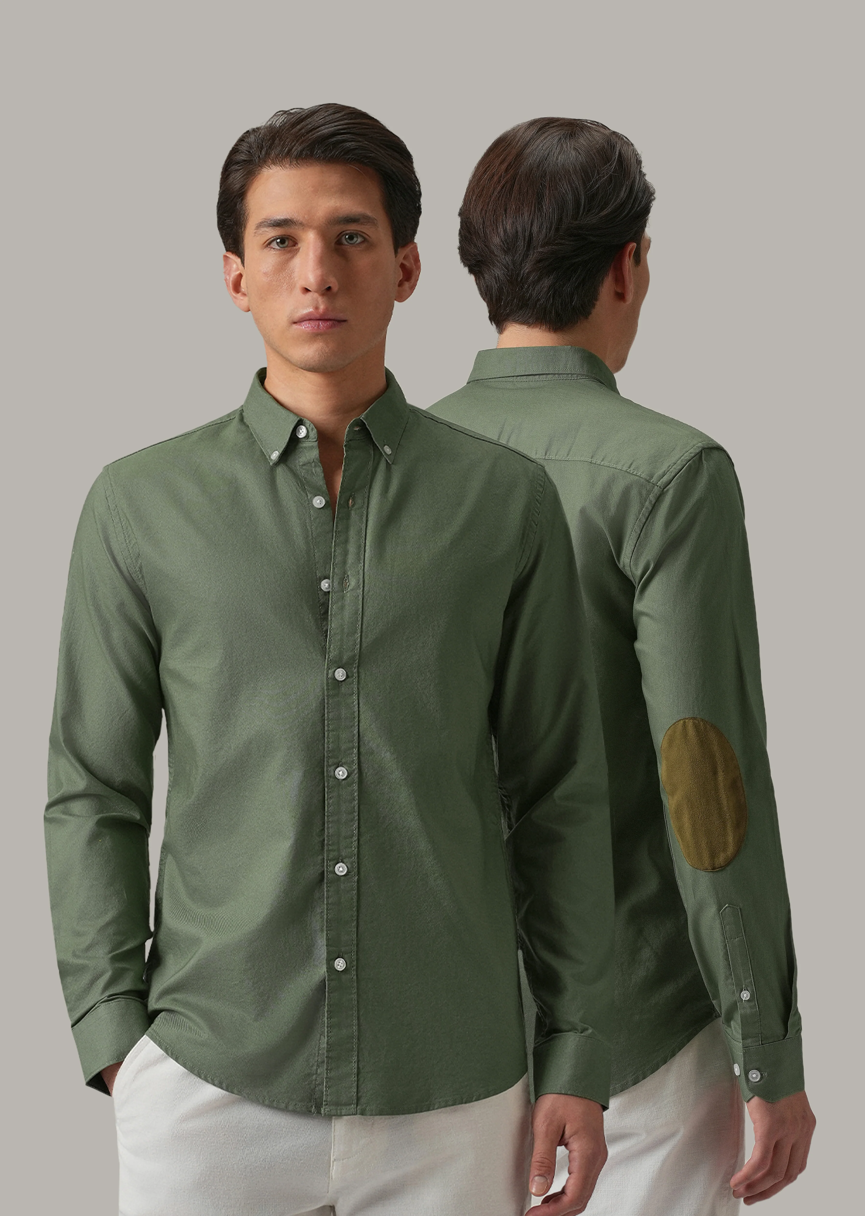 Green Plain Elbow Patch Oxford Shirt