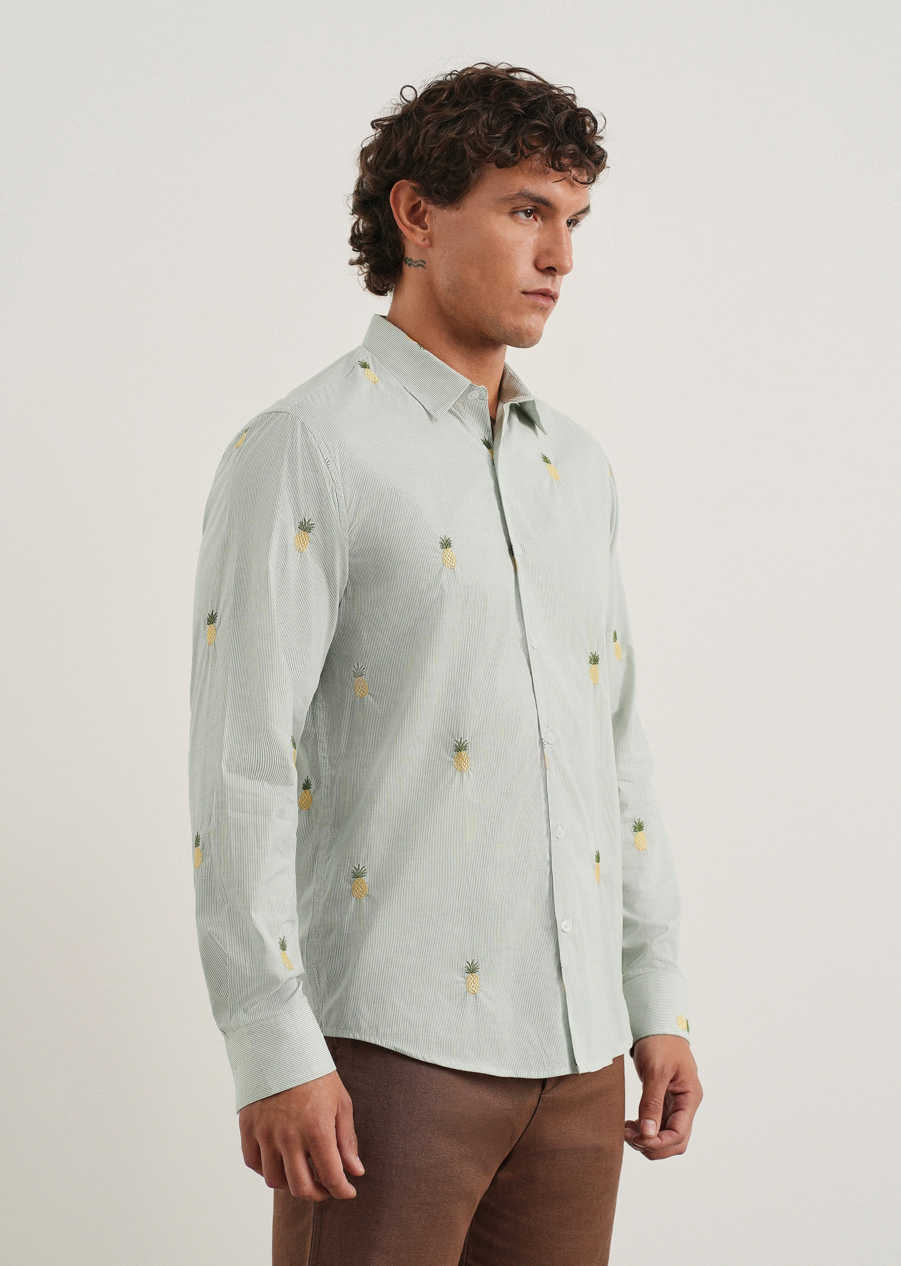 Green Tropical Embroidered Cotton Stripe Shirt - Image 4