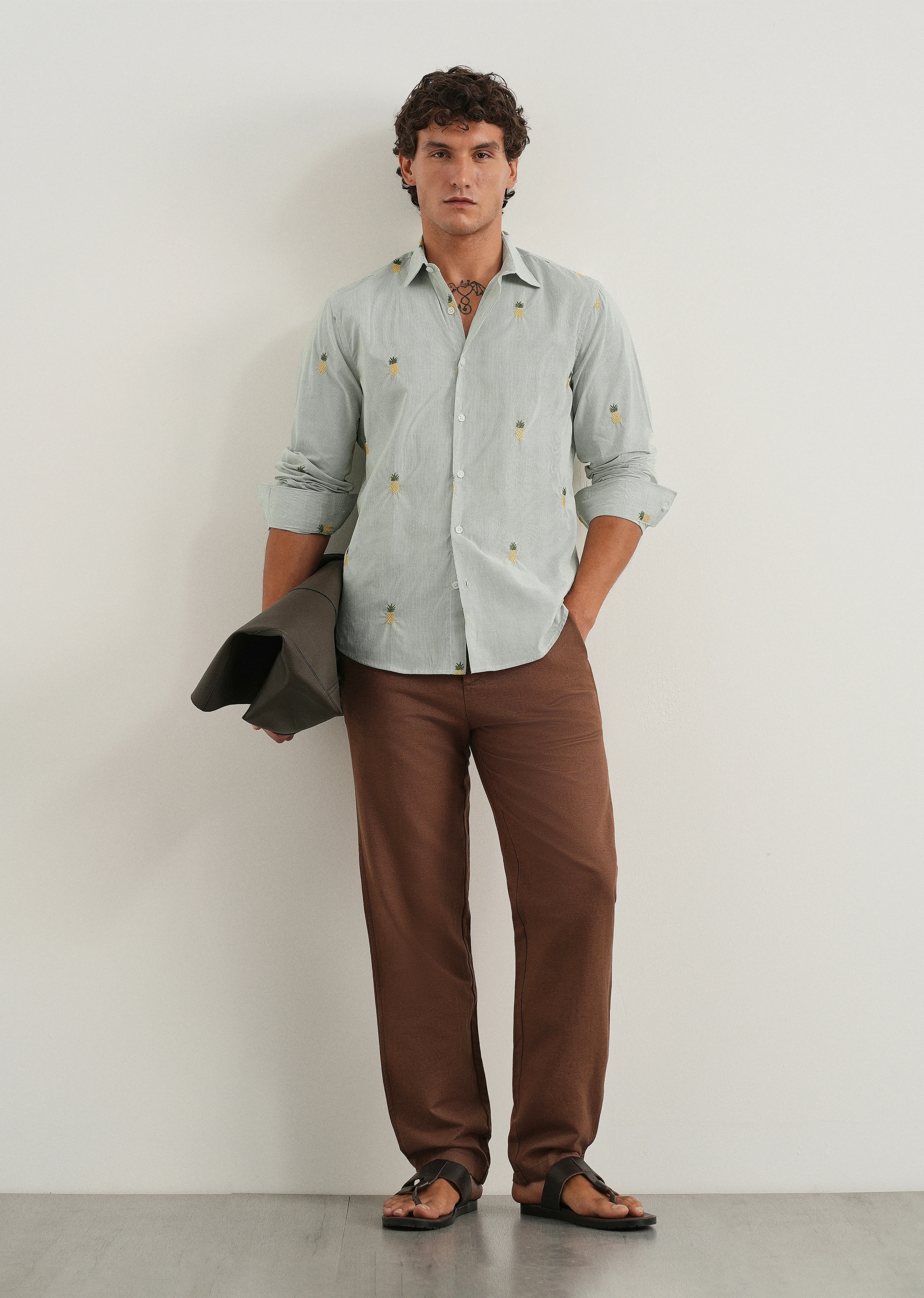 Green Tropical Embroidered Cotton Stripe Shirt - Image 6