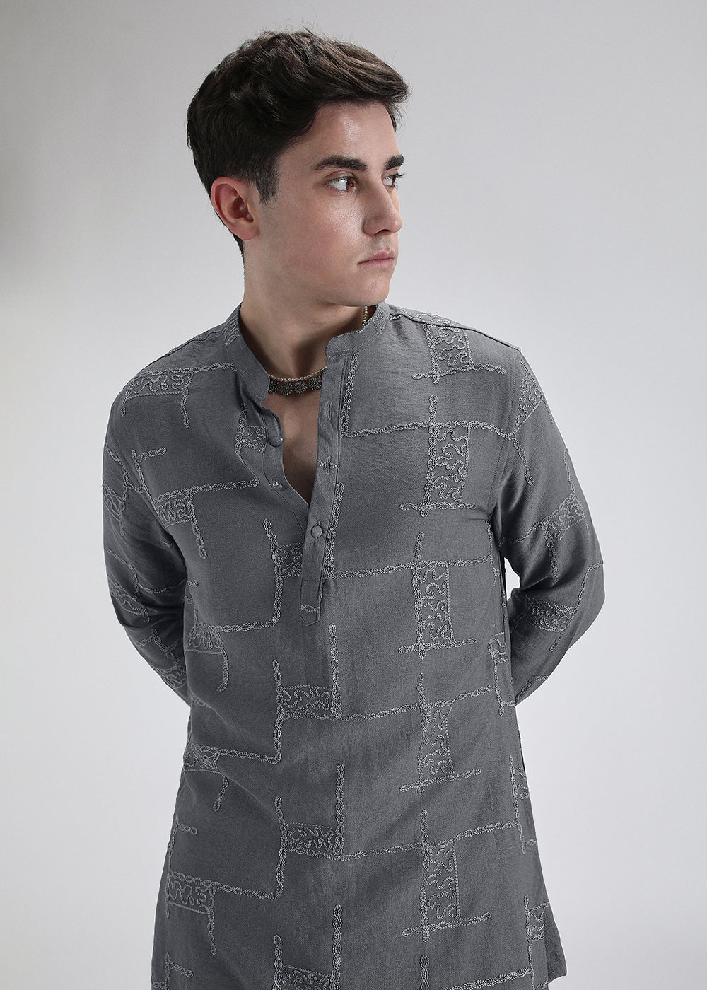 Grey Self Thread Embroidered Kurta