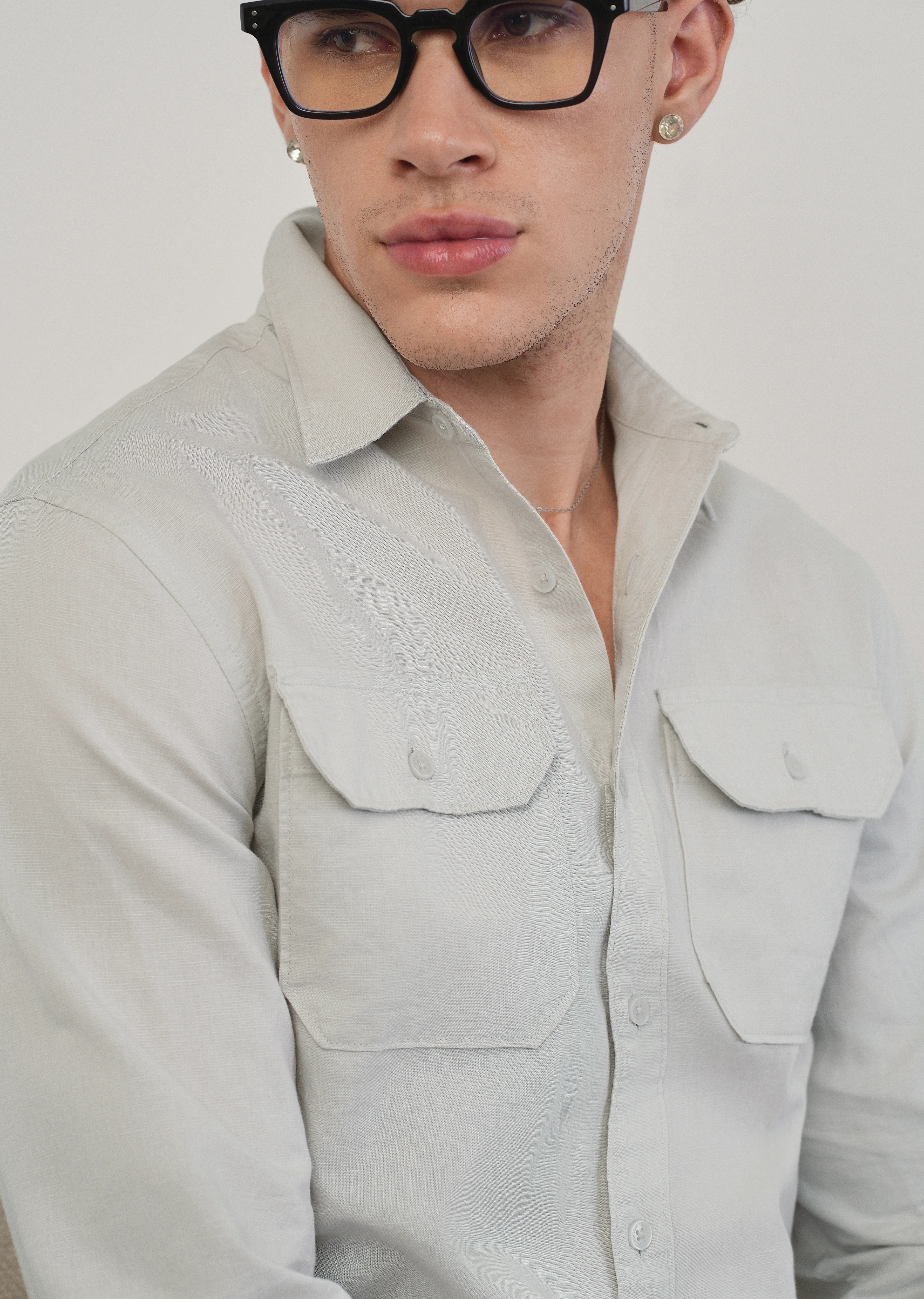Light Grey Cotton Linen Flap Pocket Shirt - Image 5