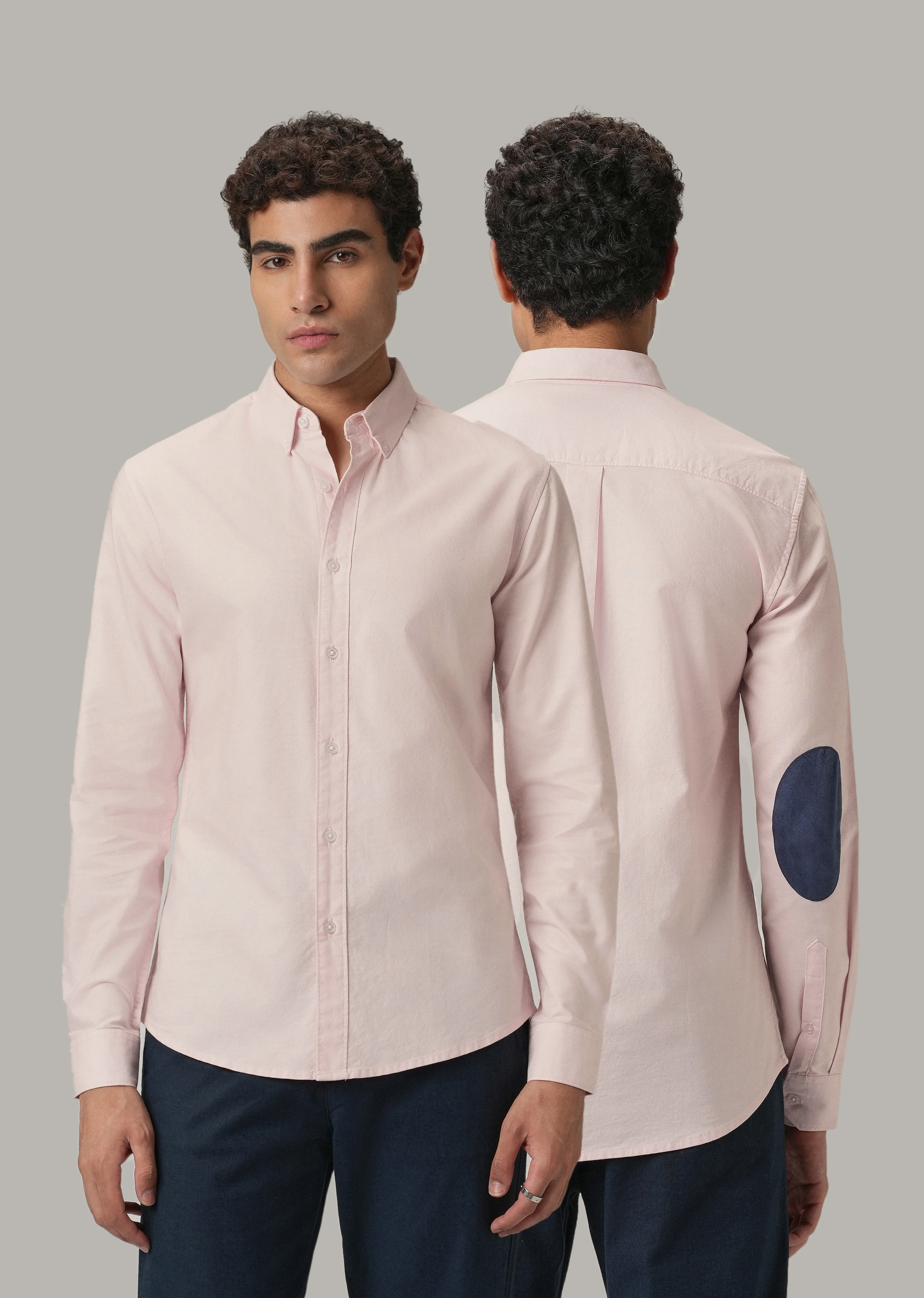 Light Pink Plain Elbow Patch Oxford Shirt