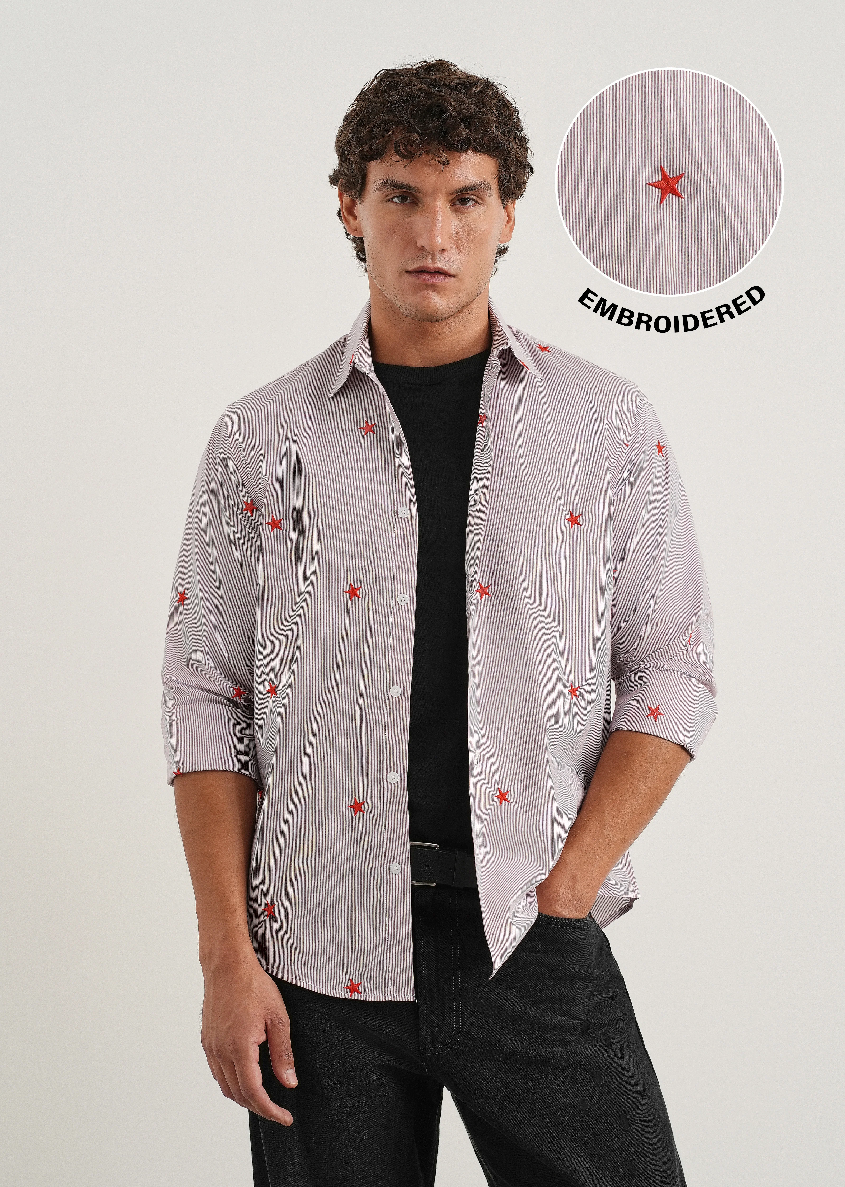 Mauve Stellar Embroidered Cotton Stripe Shirt - Image 7