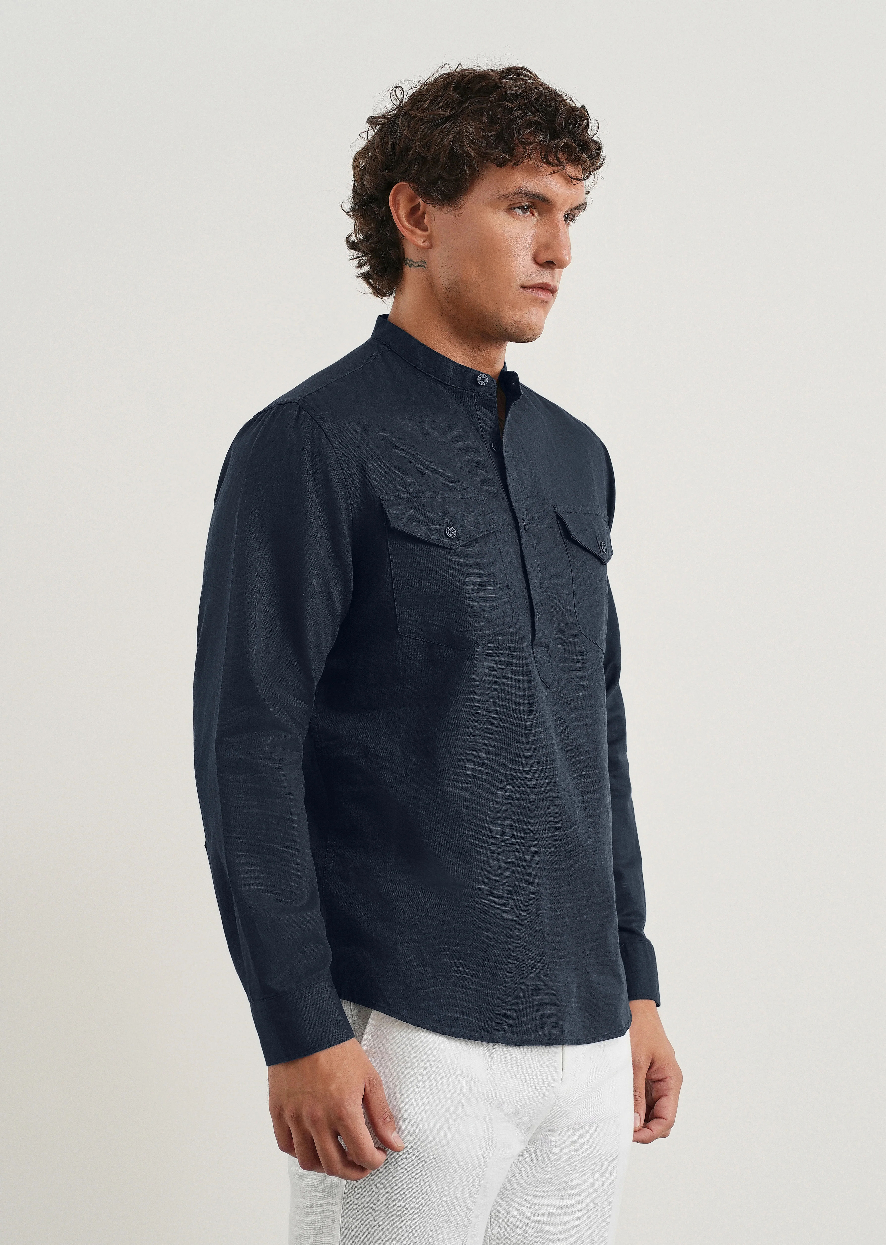 Navy Cotton Linen Short Kurta - Image 4