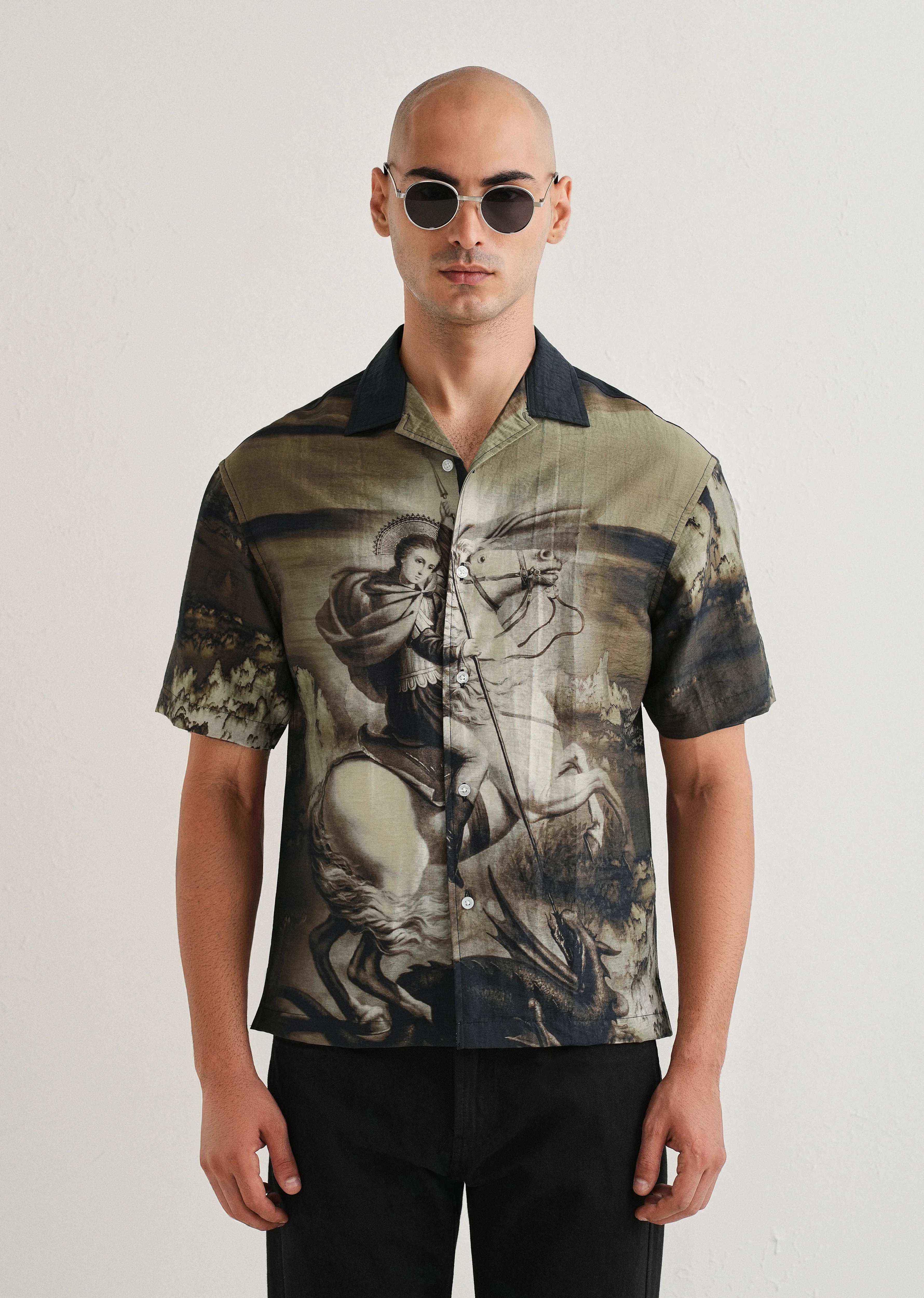 Olive Vintage Placement Print Shirt