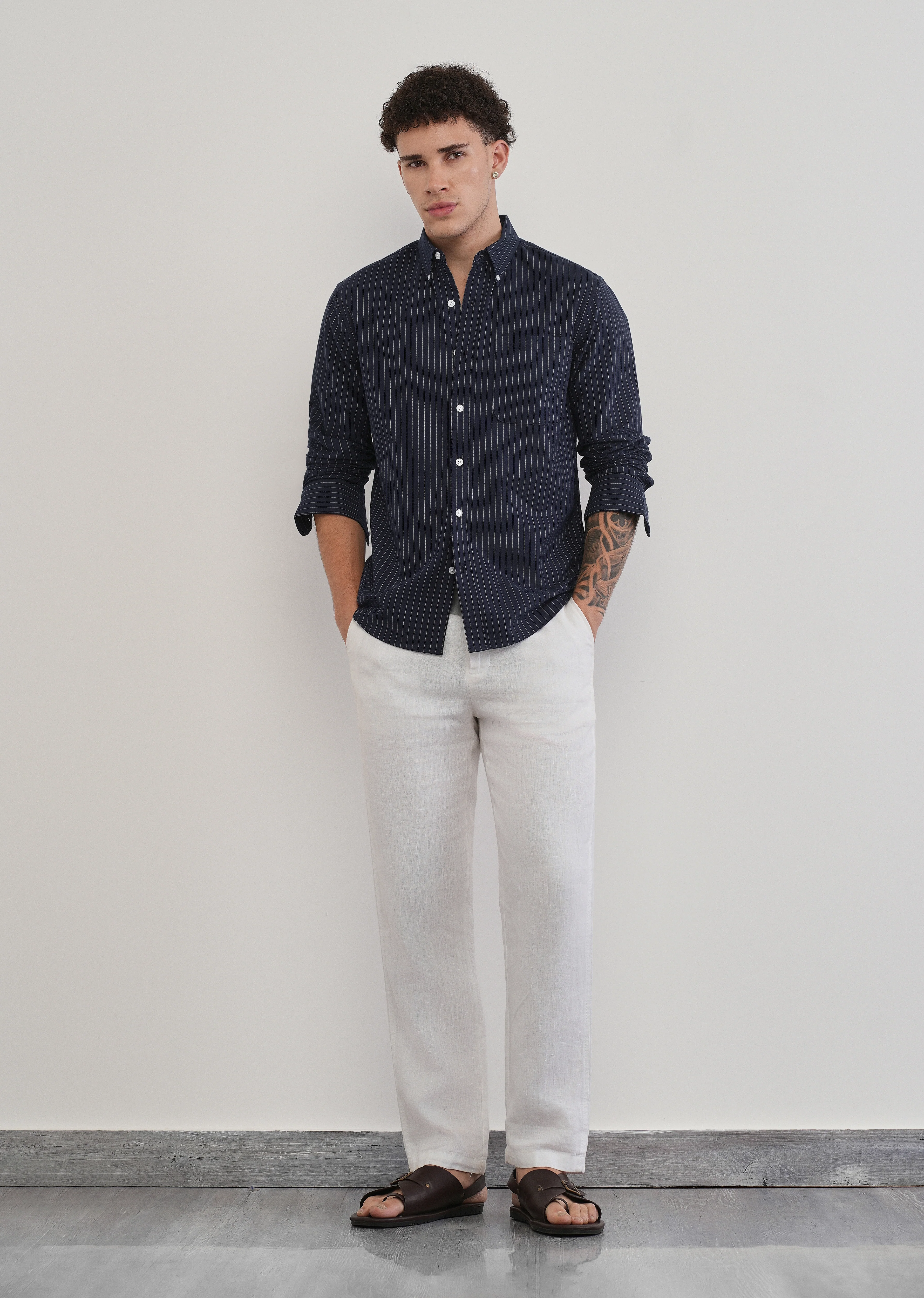 Pinstriped Navy Blue Cotton Shirt - Image 6
