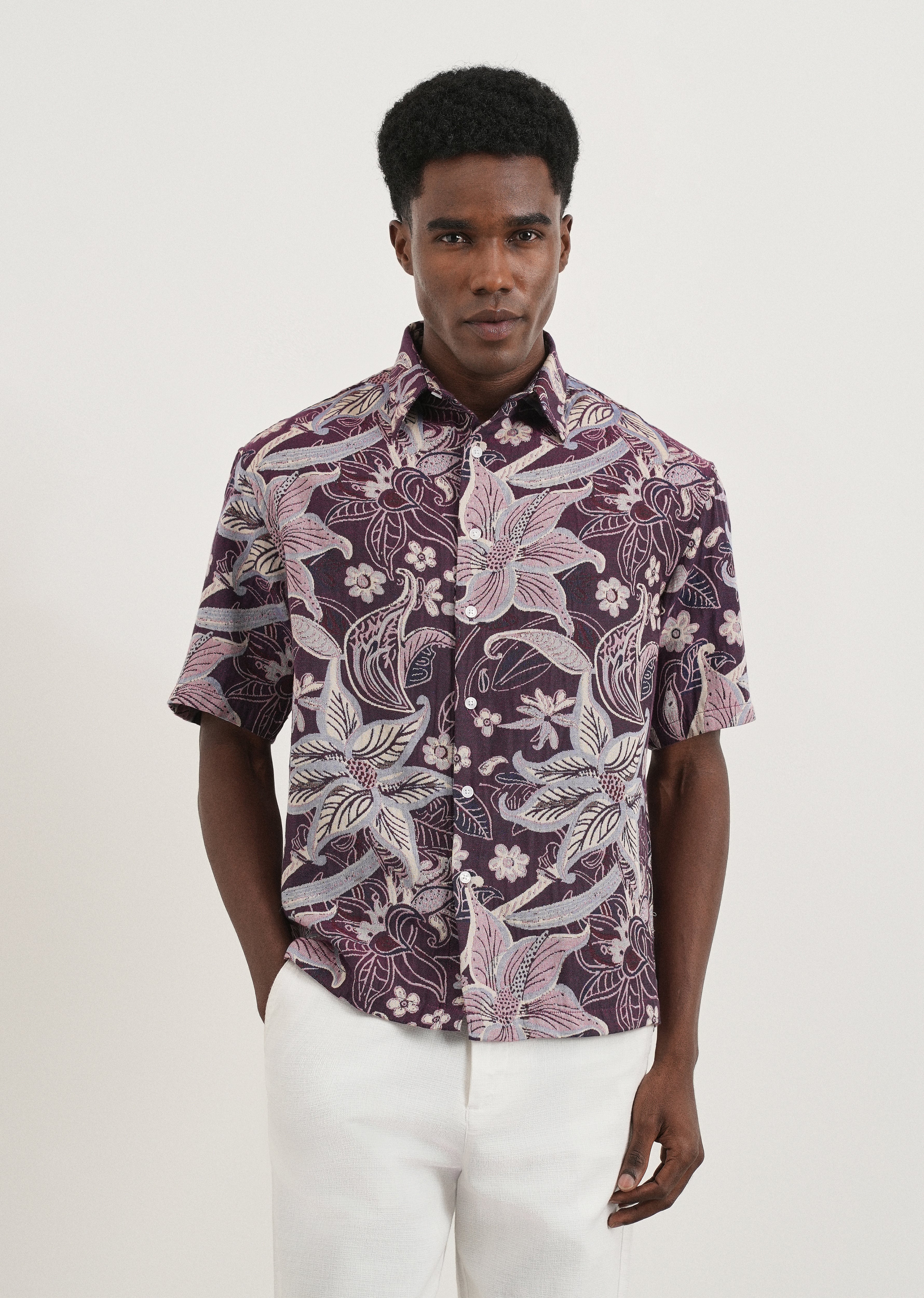 Purple Floral Jacquard Relaxed Shirt - Image 3