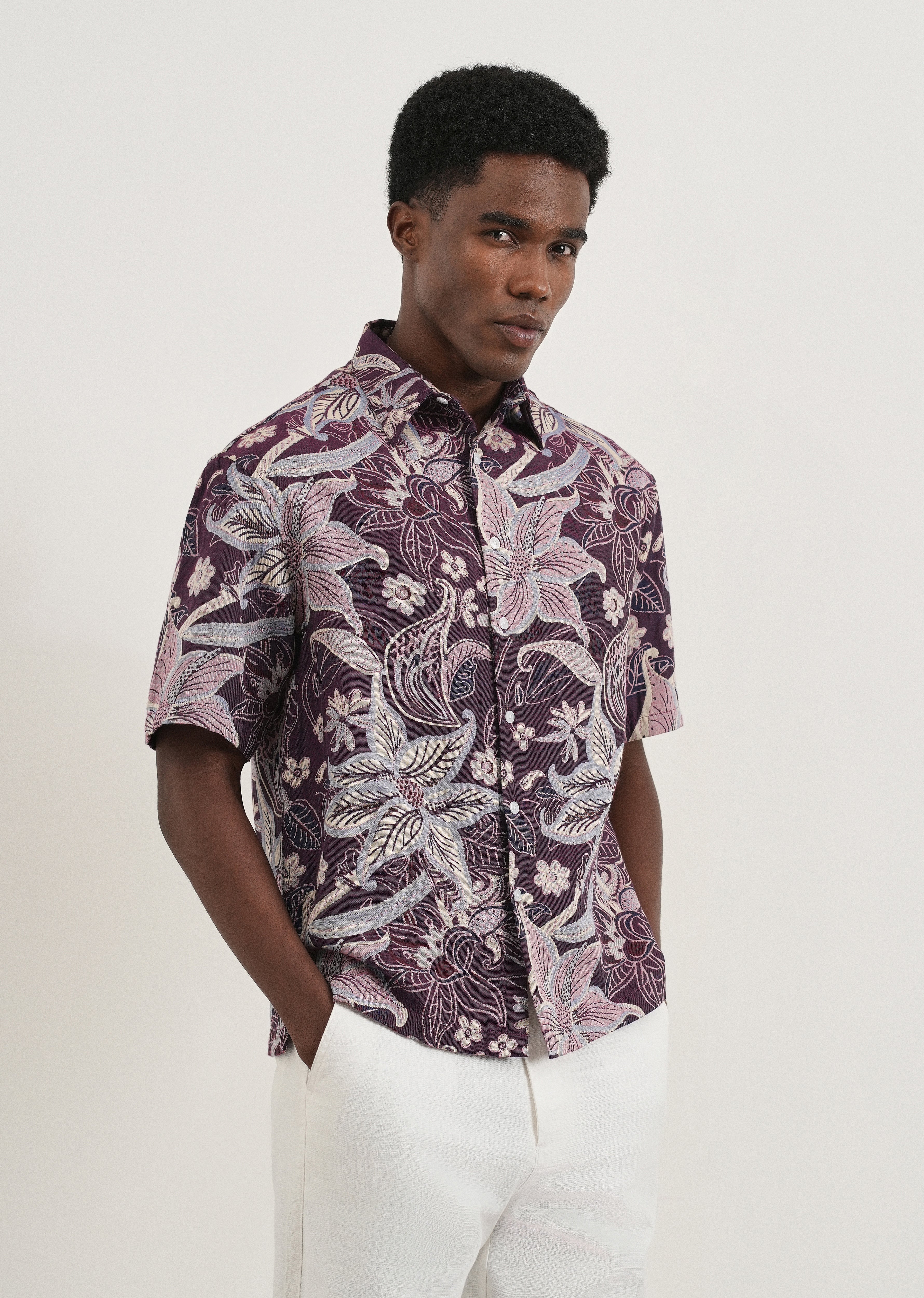 Purple Floral Jacquard Relaxed Shirt - Image 4