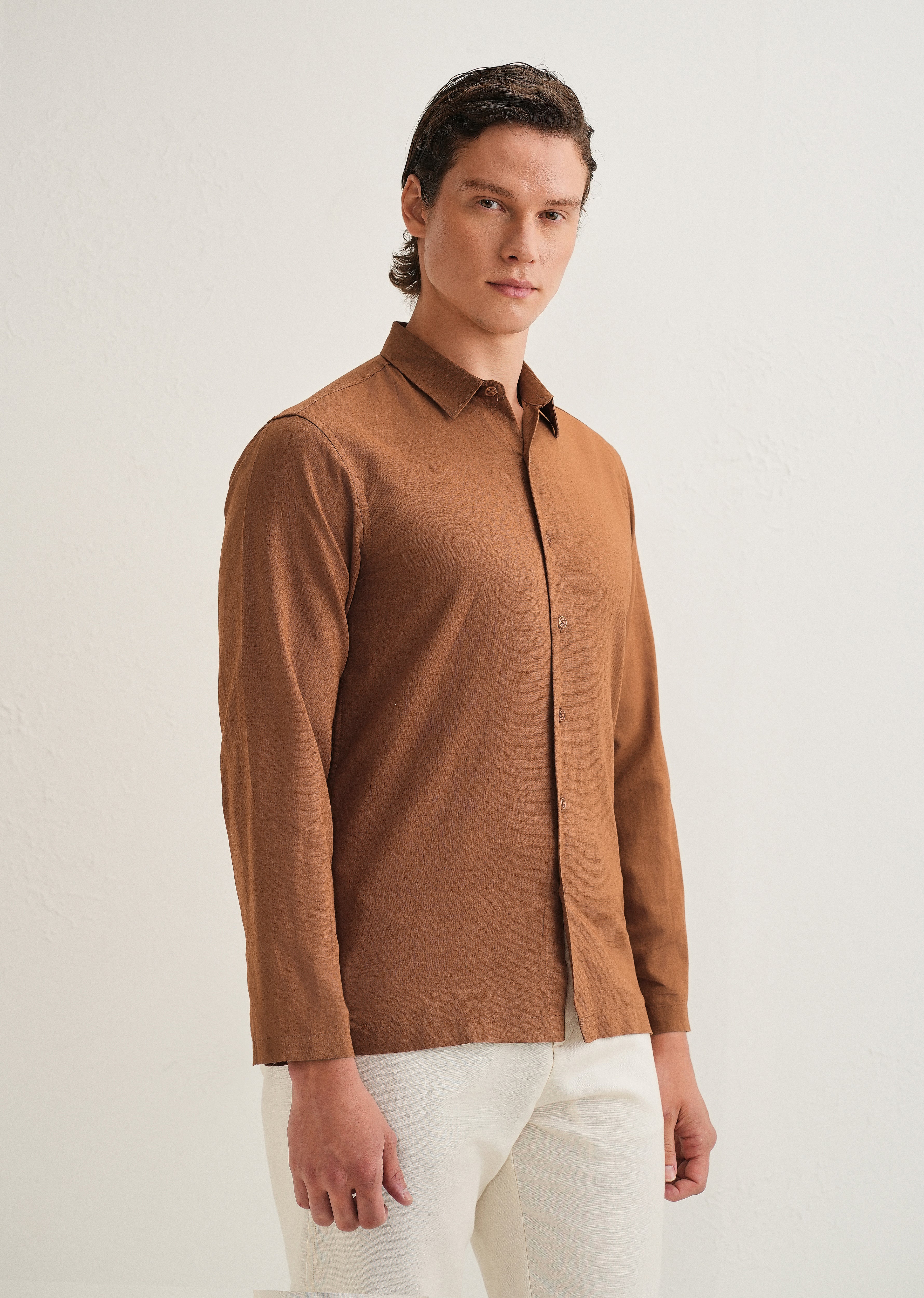 Terracotta Brown Hidden Sleeve Placket Cotton Linen Shirt - Image 5