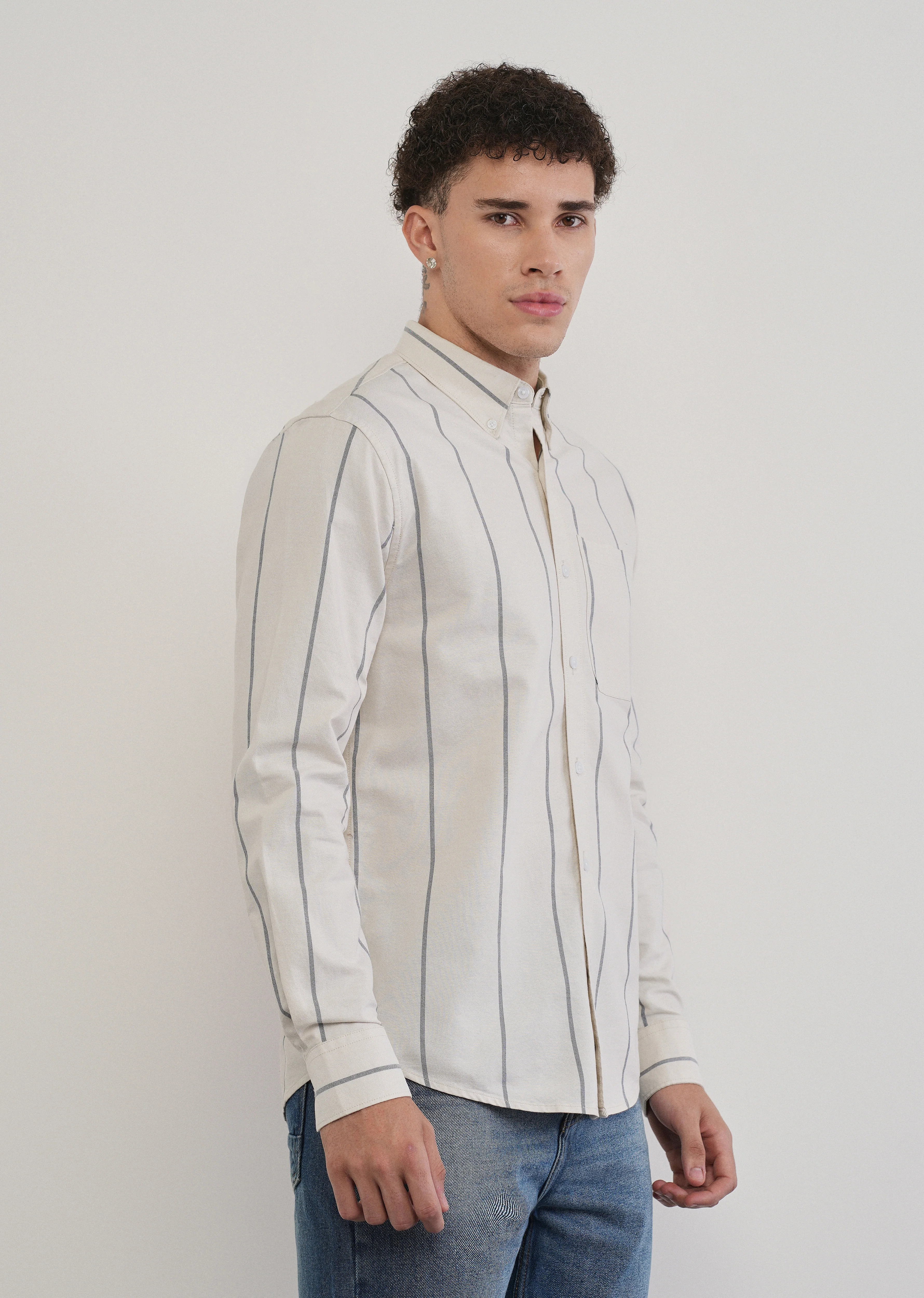Vertical Stripe Ivory Cotton Shirt - Image 4