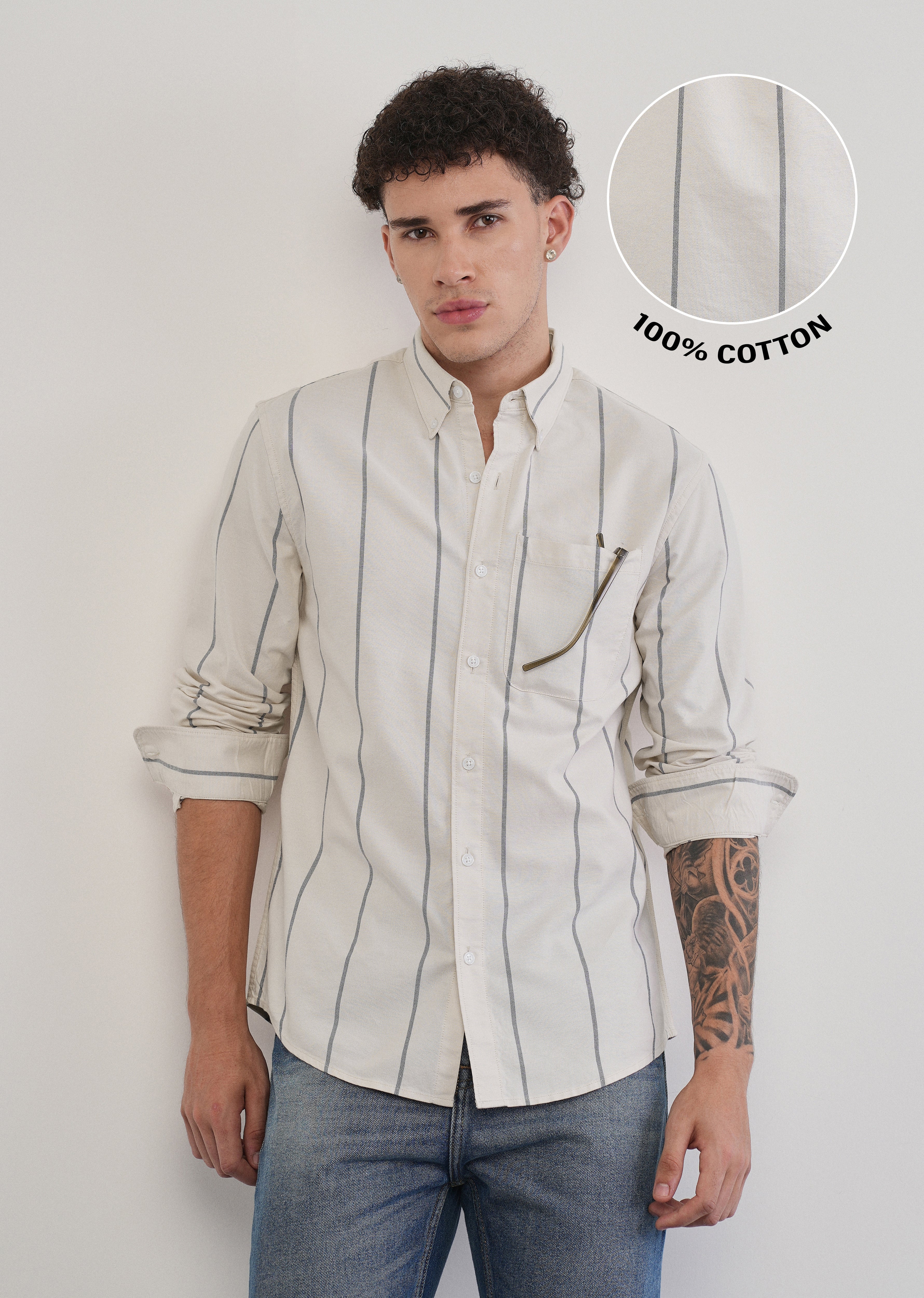 Vertical Stripe Ivory Cotton Shirt - Image 7
