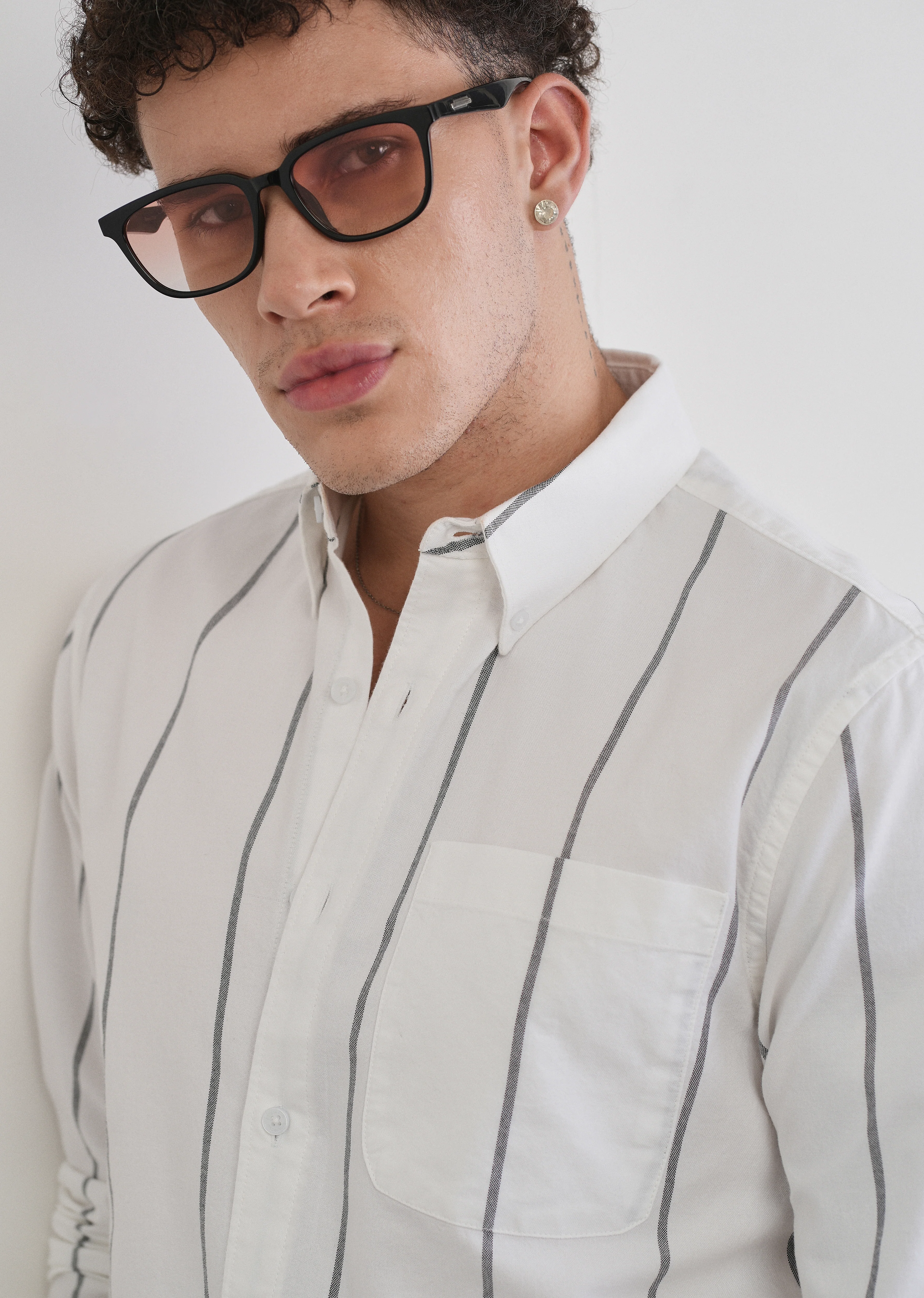 Vertical Stripe White Cotton Shirt - Image 5