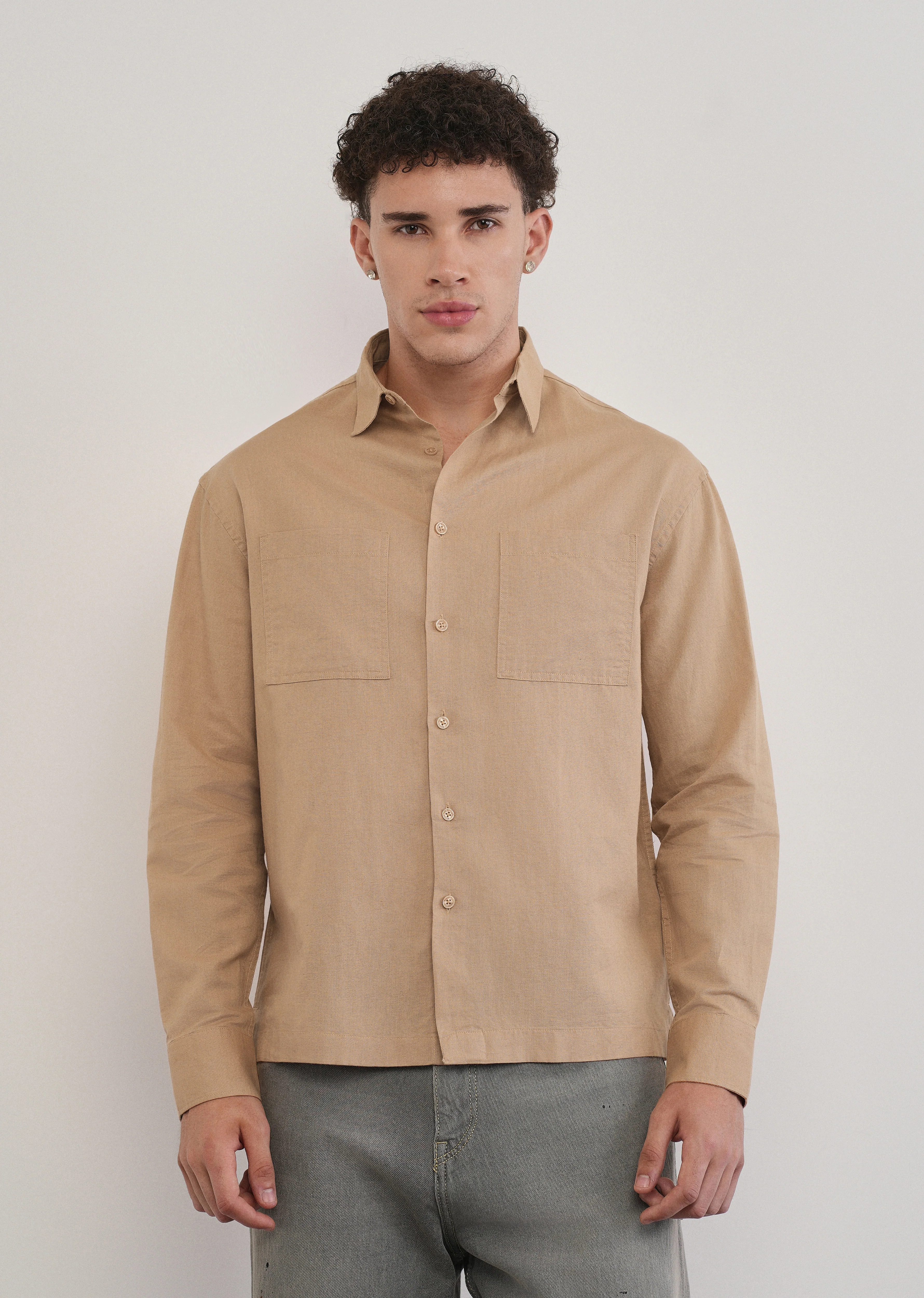 Warm Beige Dual Pocket Cotton Linen Shirt - Image 3