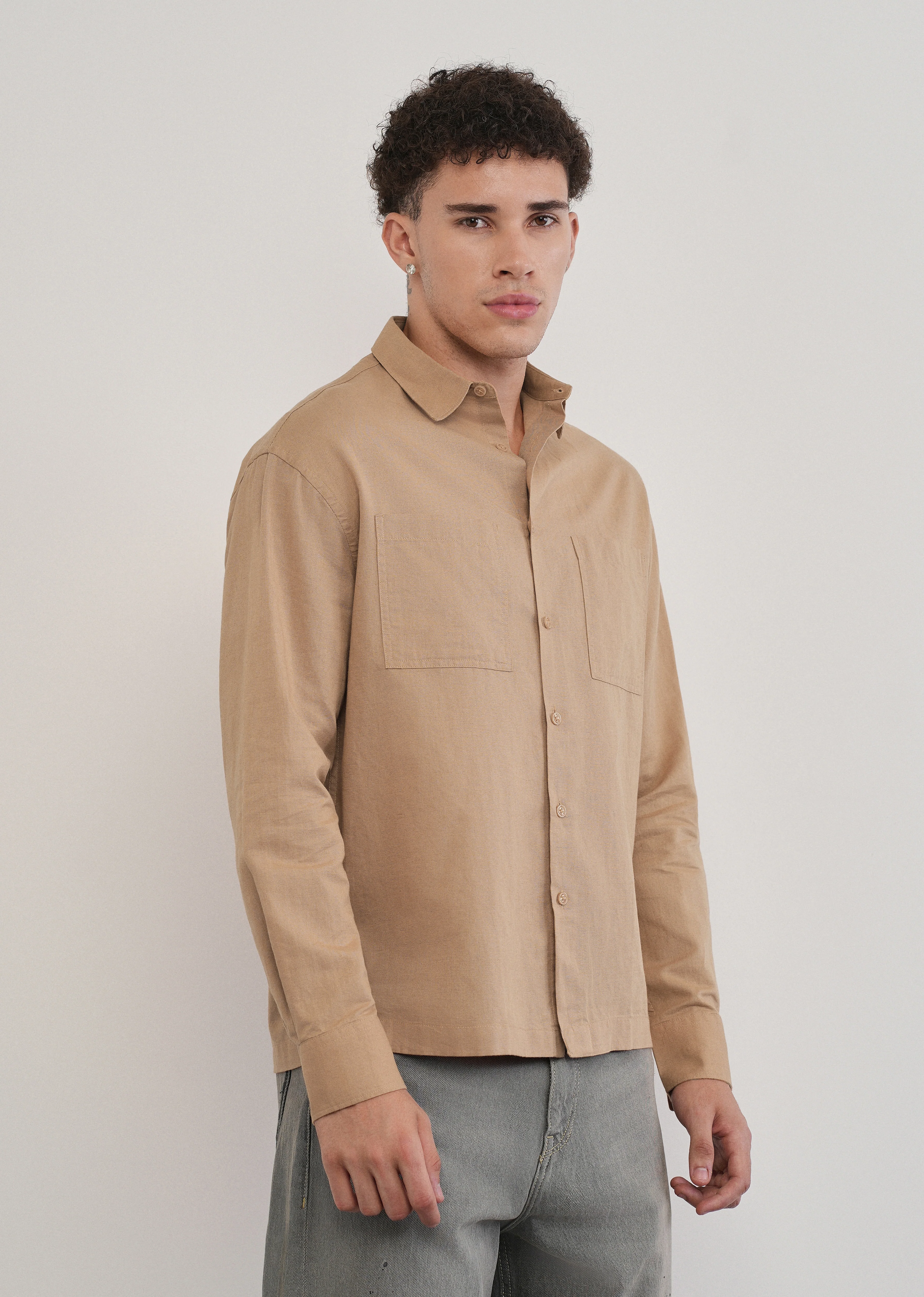 Warm Beige Dual Pocket Cotton Linen Shirt - Image 4
