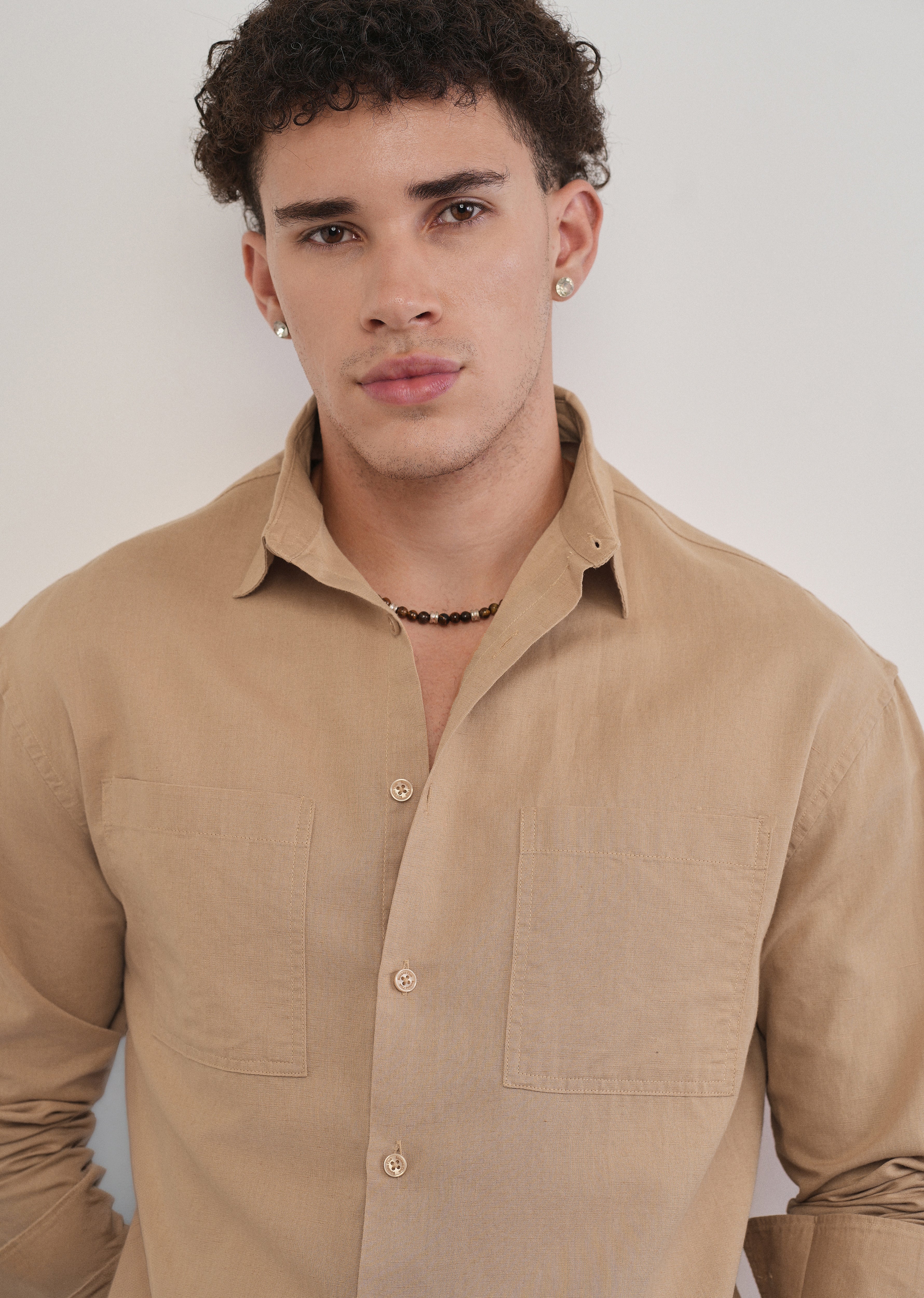 Warm Beige Dual Pocket Cotton Linen Shirt - Image 5
