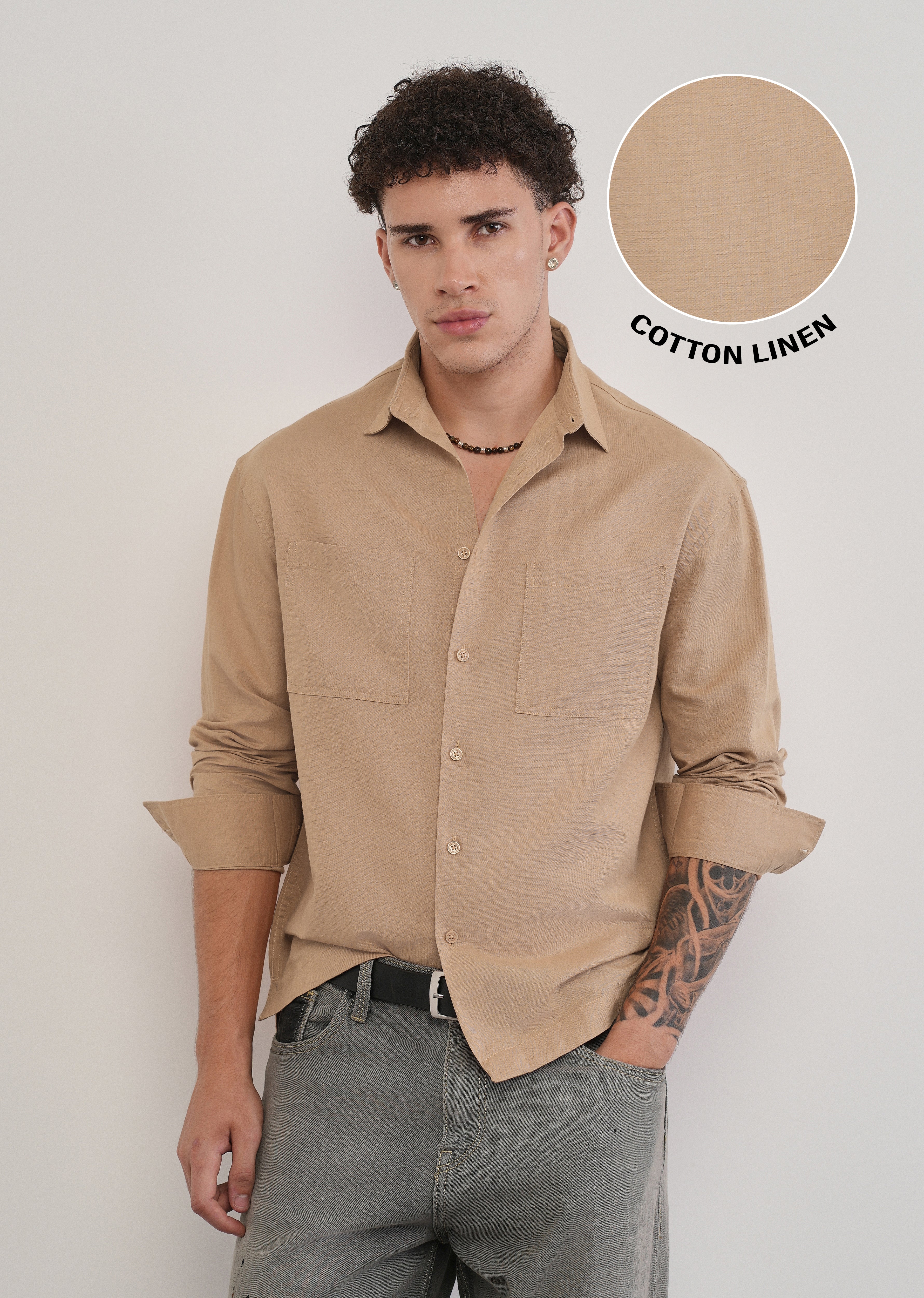 Warm Beige Dual Pocket Cotton Linen Shirt - Image 7