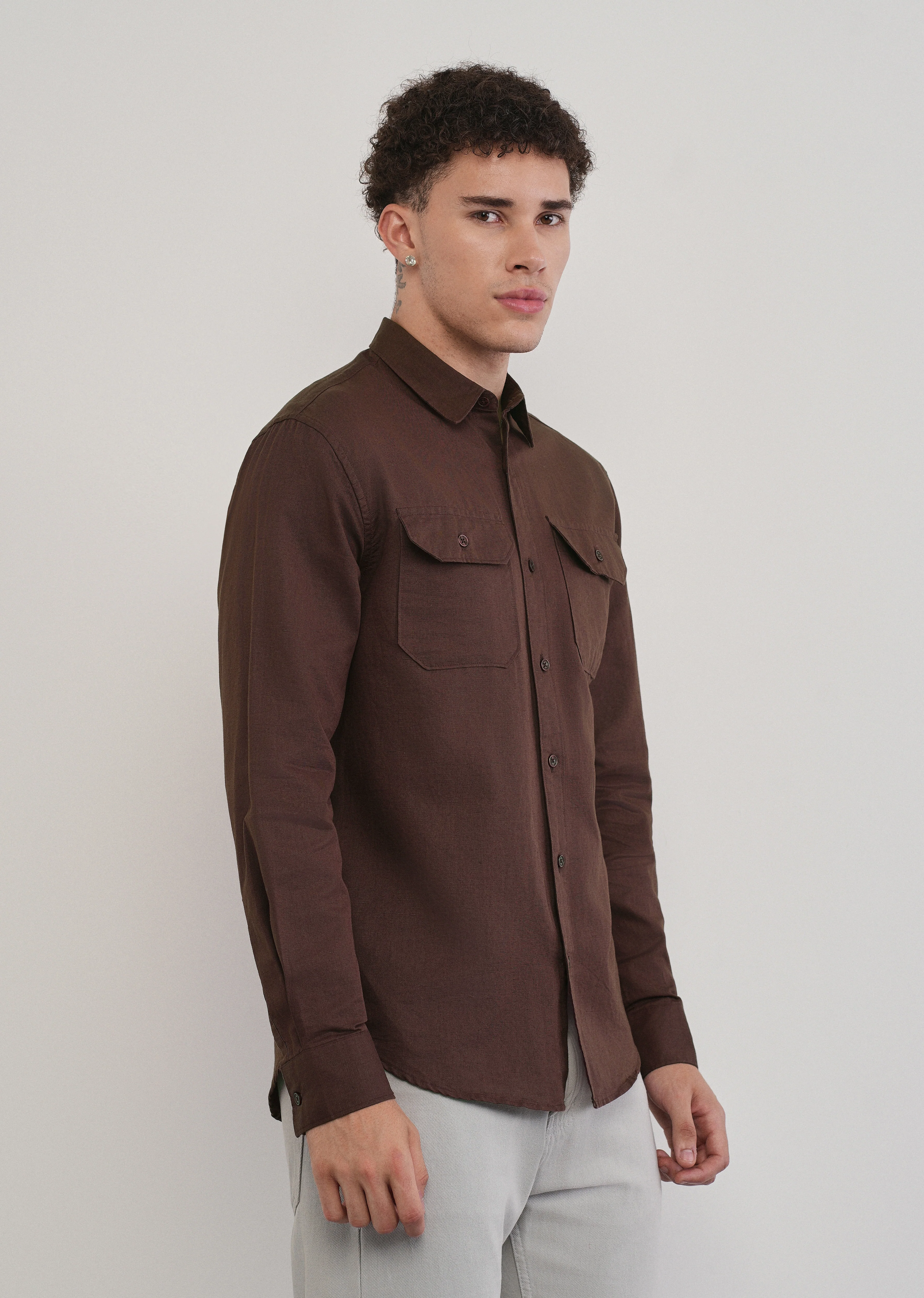 Wine Cotton Linen Flap Pocket Shirt - Image 4
