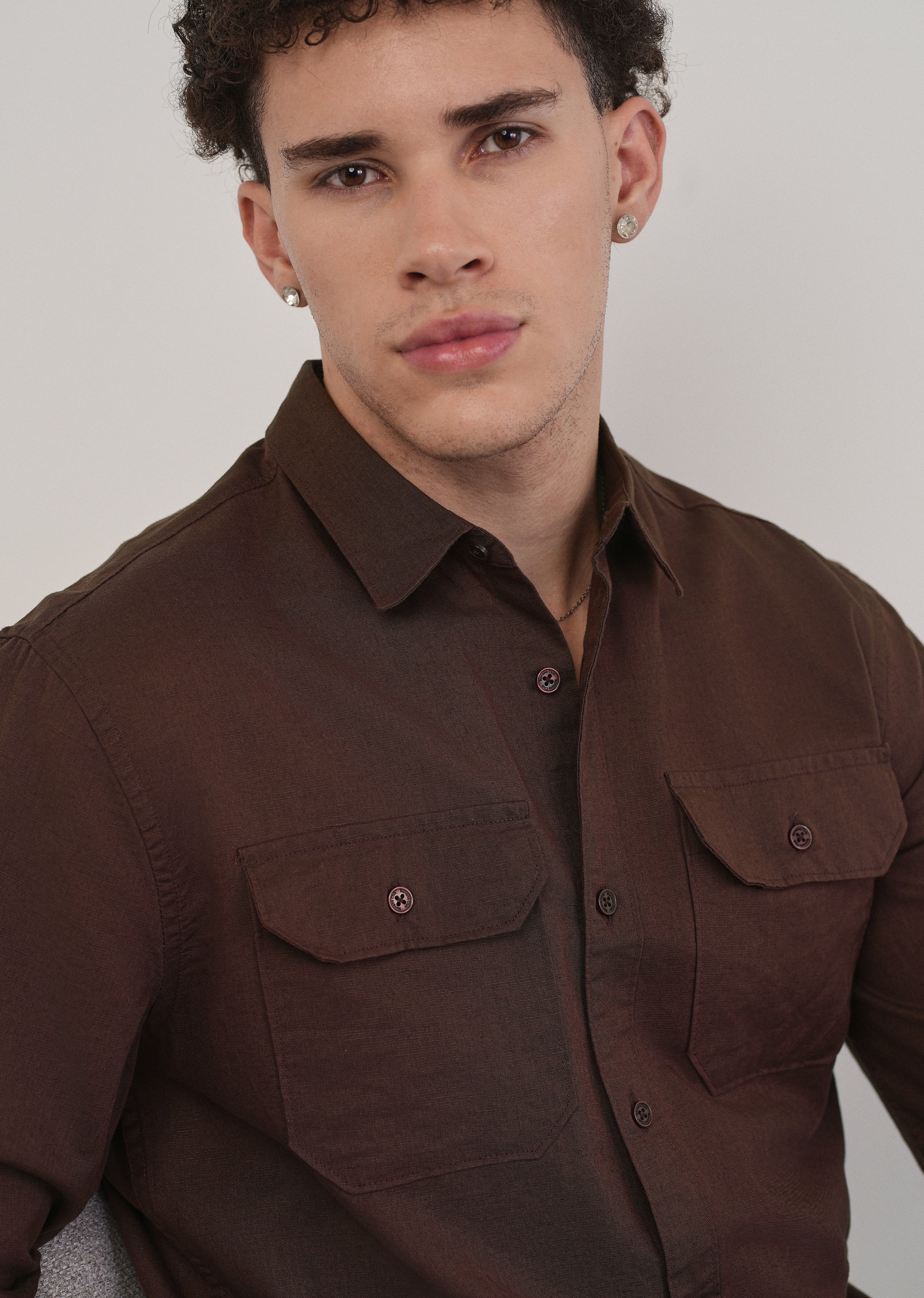 Wine Cotton Linen Flap Pocket Shirt - Image 5