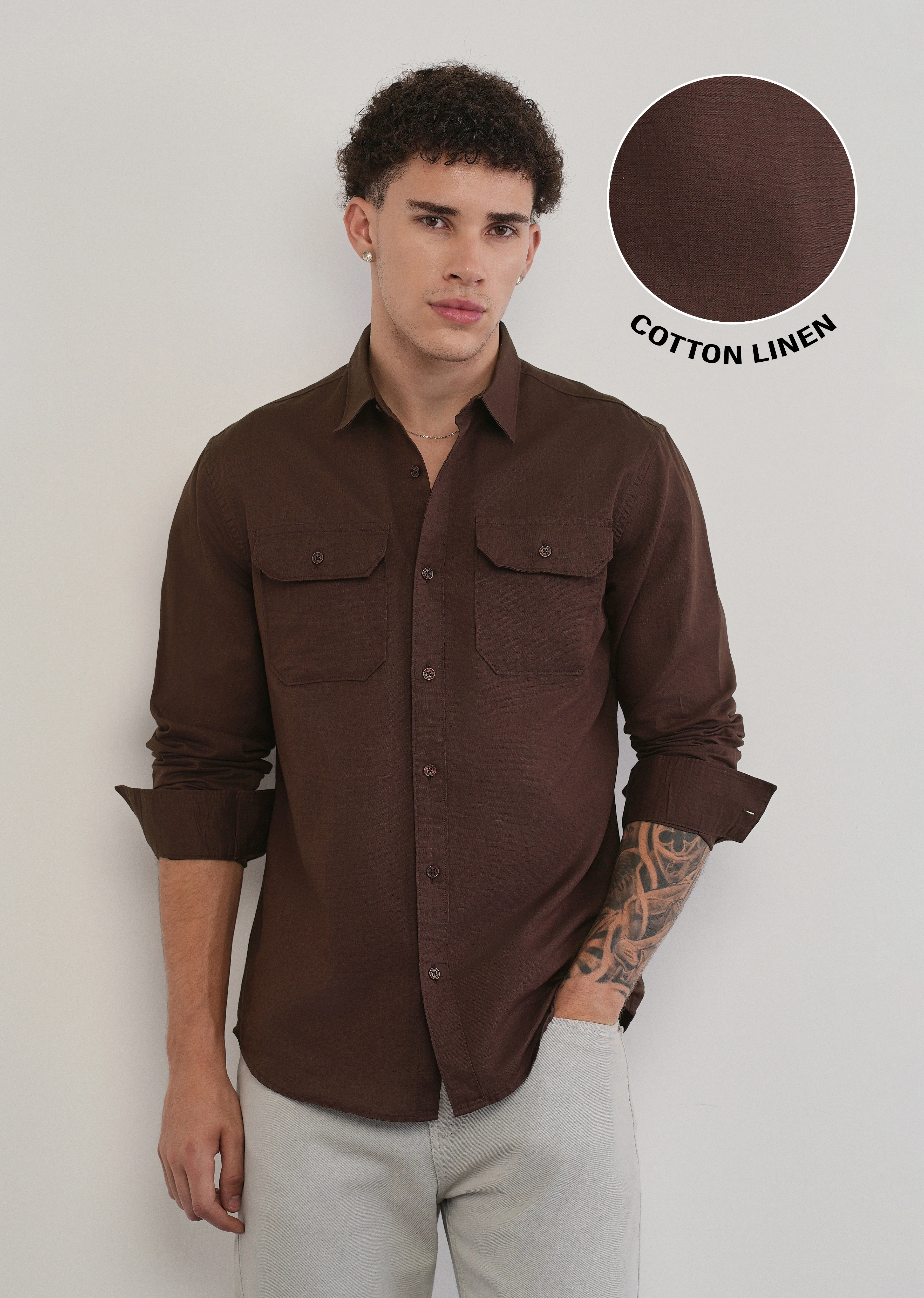 Wine Cotton Linen Flap Pocket Shirt - Image 7