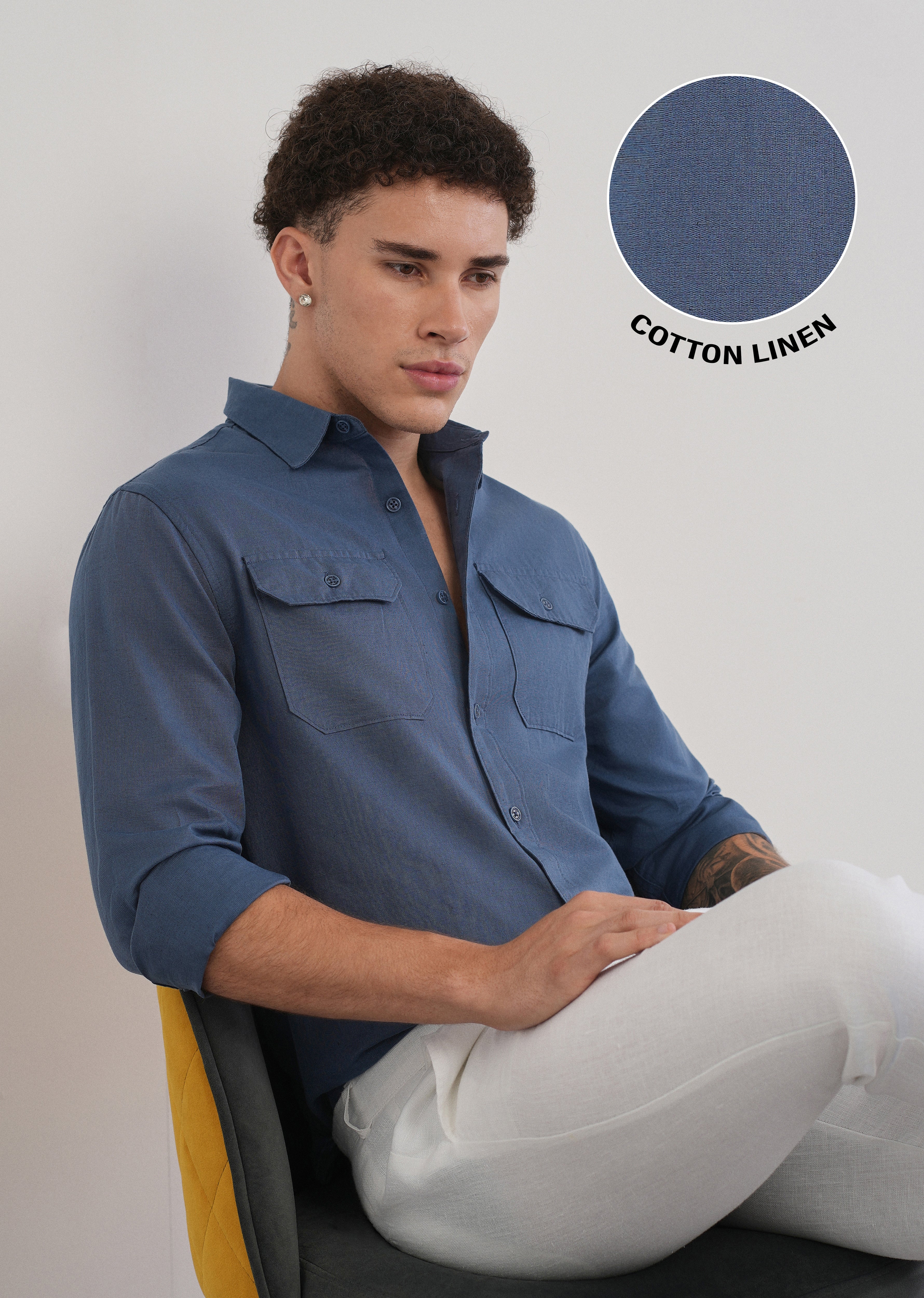 Yale Blue Cotton Linen Flap Pocket Shirt