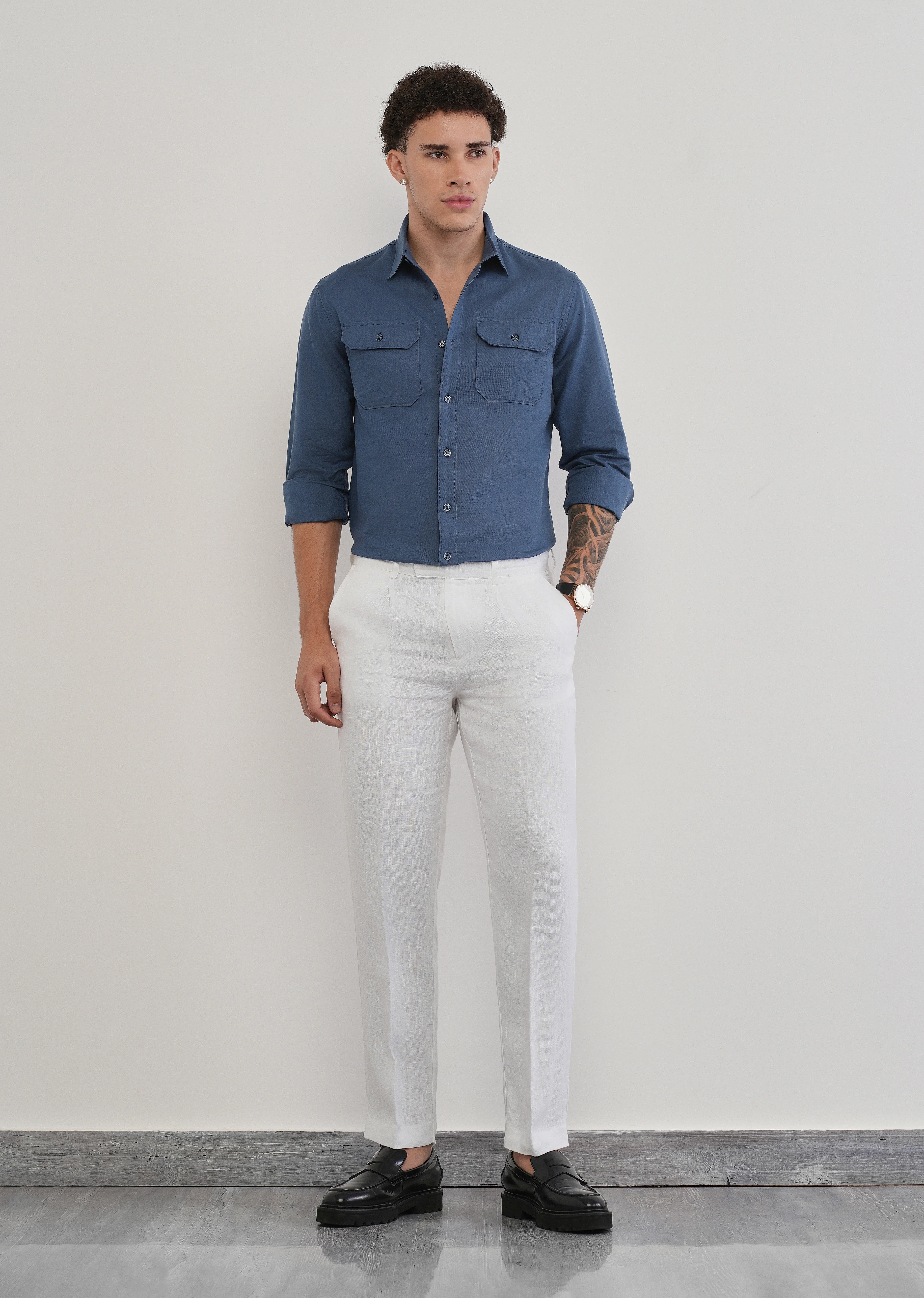 Yale Blue Cotton Linen Flap Pocket Shirt - Image 6